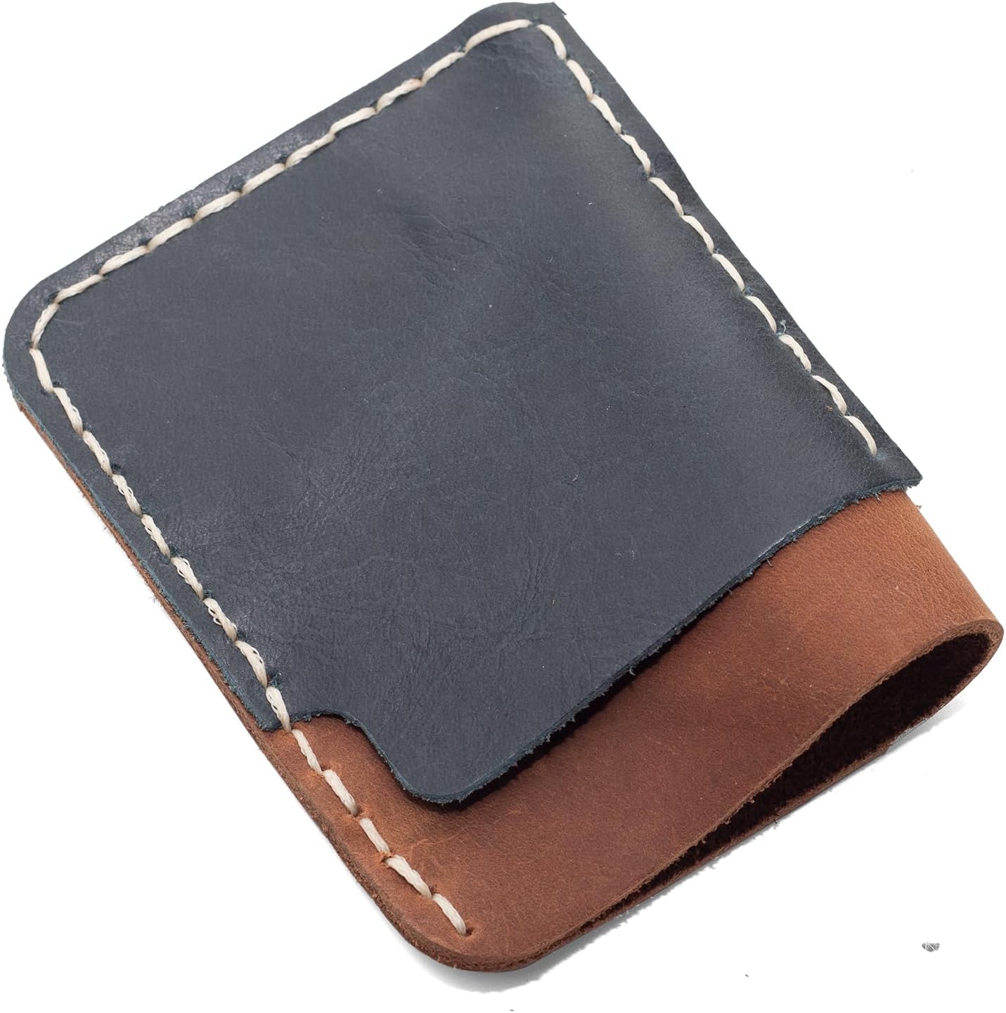 Slim Leather Card Holder Wallet, Minimalist Front Pocket Design, Navy Blue and Brown - Image 3