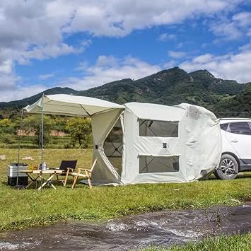 Car Tent SUV Tailgate Awning, Rear Sun Shelter or Independent Tent Dual Purpose, Portable Waterproof Roof Top Tents Car Trunk Canopy, SUV Tent Attachment for CampingWhite