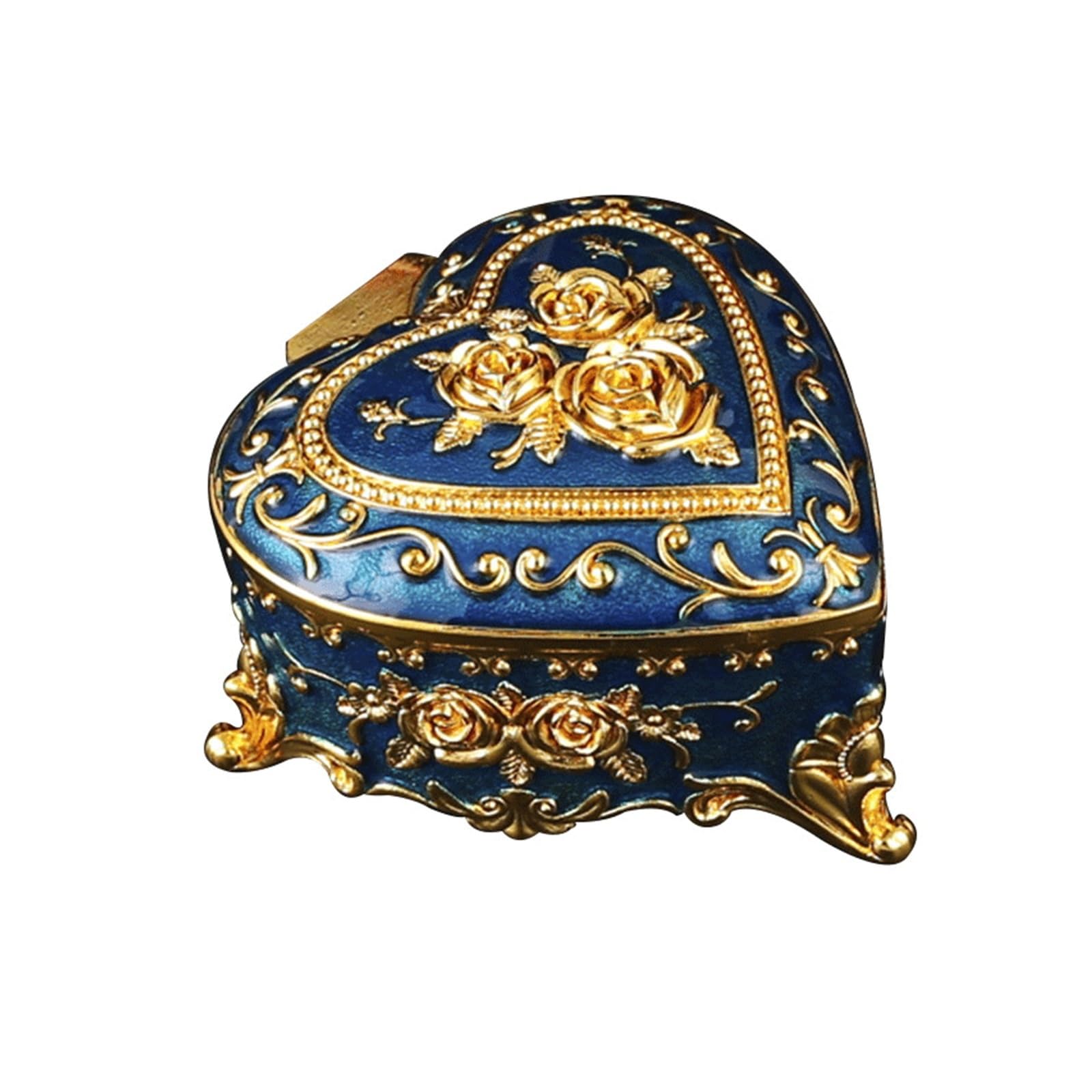 Boîte à bijoux rétro en émail bleu et métal pour rangement de coiffeuse