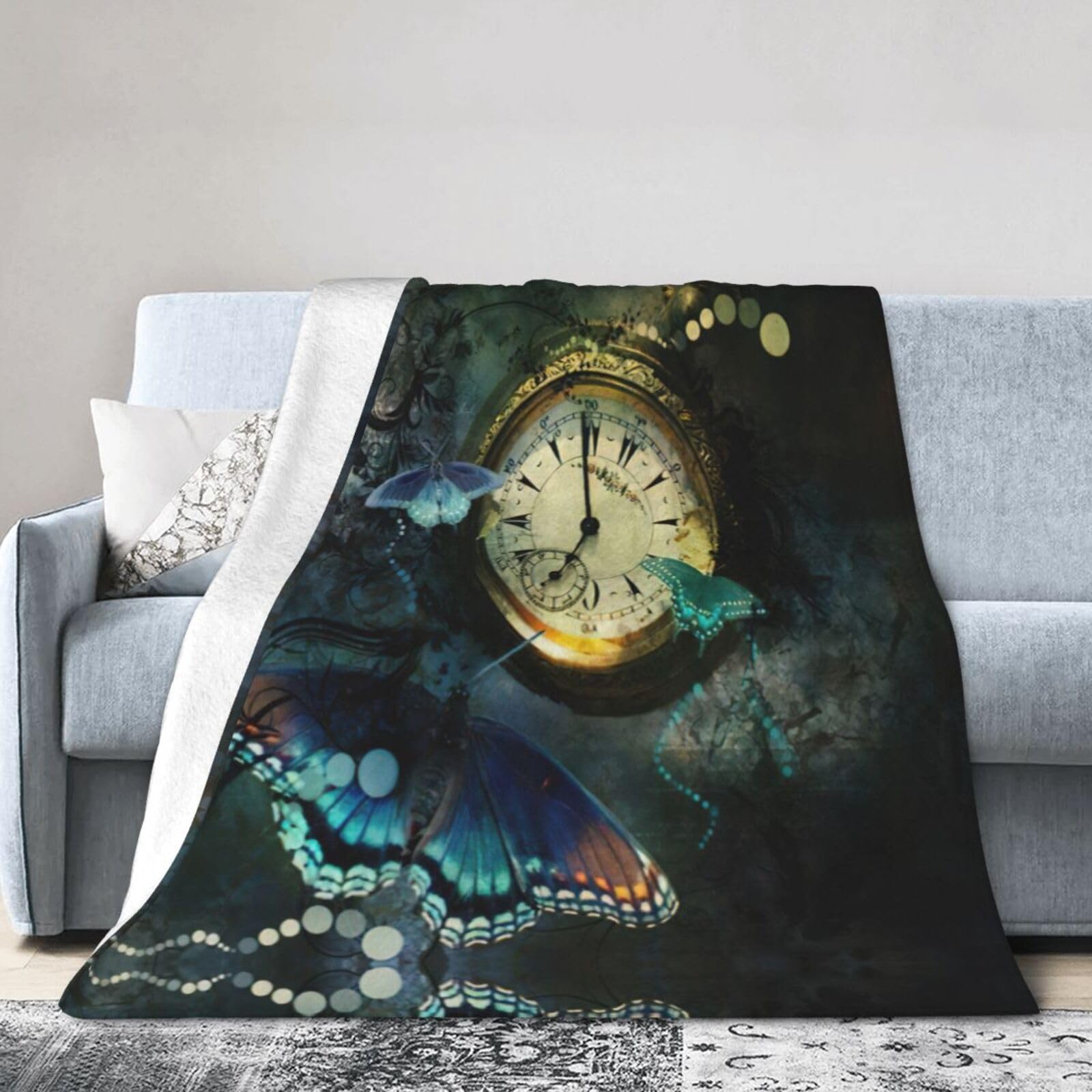 Uusnwaa Soft Cosy Fleece Warm Throw Clock Butterfly Print Blanket