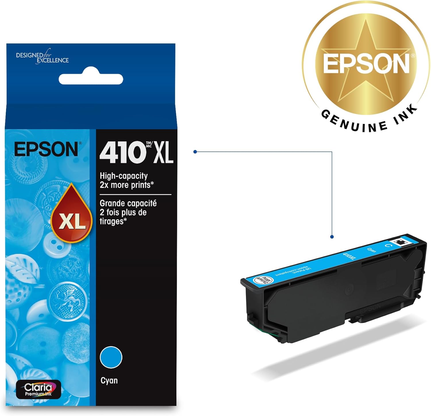EPSON 410 Claria Premium Ink High Capacity Cyan Cartridge (T410XL220-S) Works with Expression XP-530, 630, 640, 7100, 830