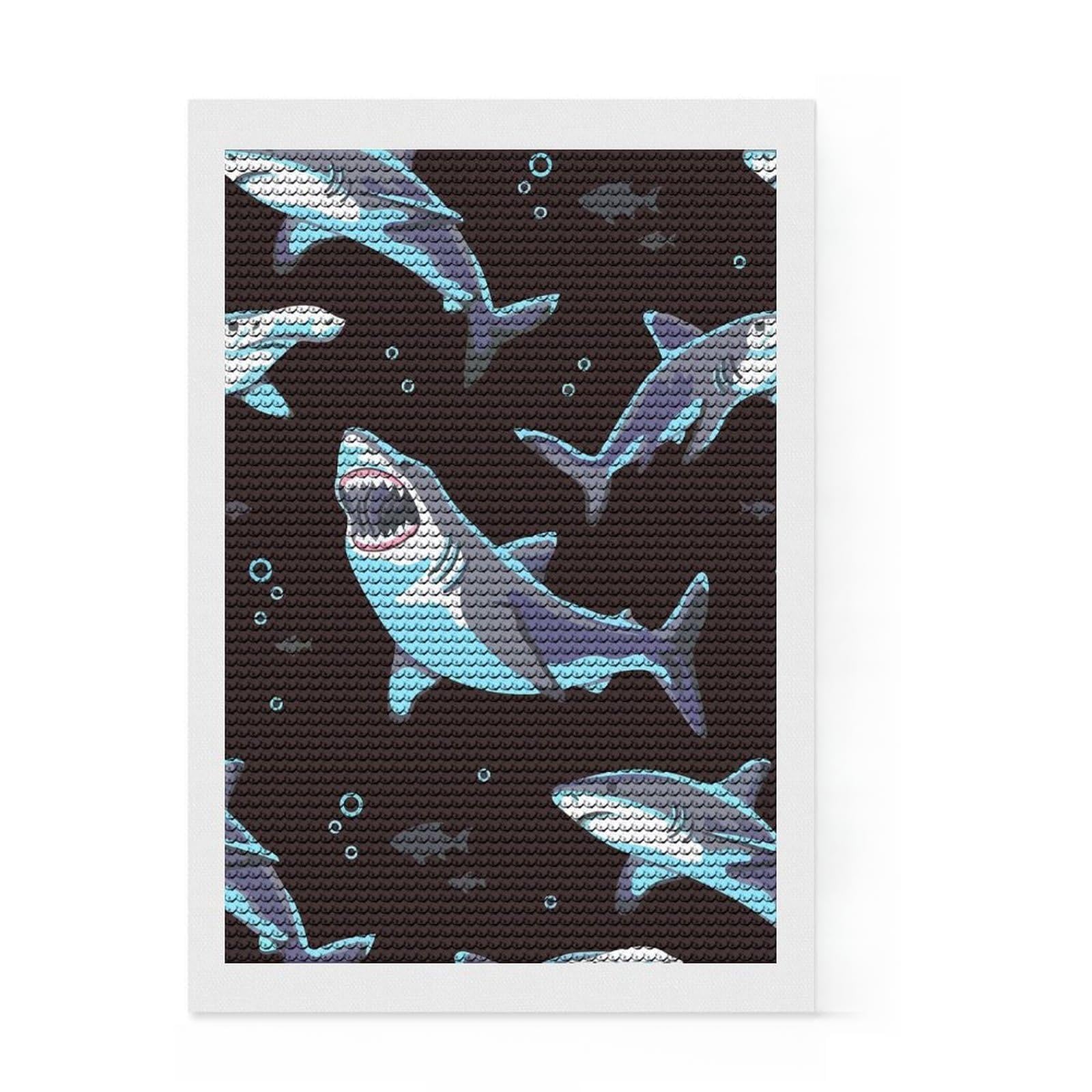 Junmoney Shark Pattern on Dark Background DIY Diamond Art Canvas Kit 8"x12", Round Gems, Creative Hobby, Fun Craft Activity, Vintage Style Decor