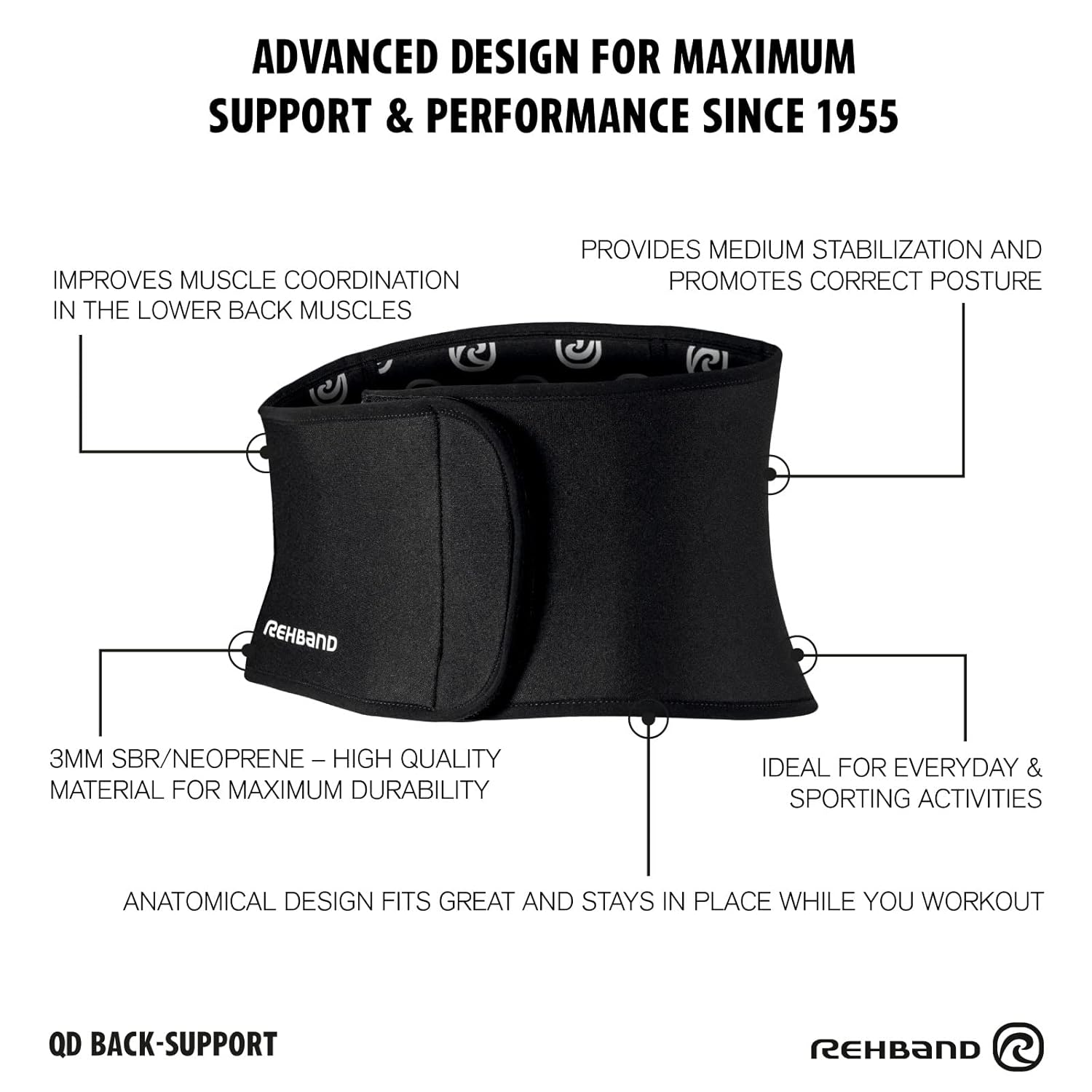 Rehband QD Back Support 3mm - Lightweight Neoprene Lumbar Brace for Compression, Warmth & Posture - Ideal for Weightlifting, Functional Training & Back Pain Relief, Colour:Black, Size:Large