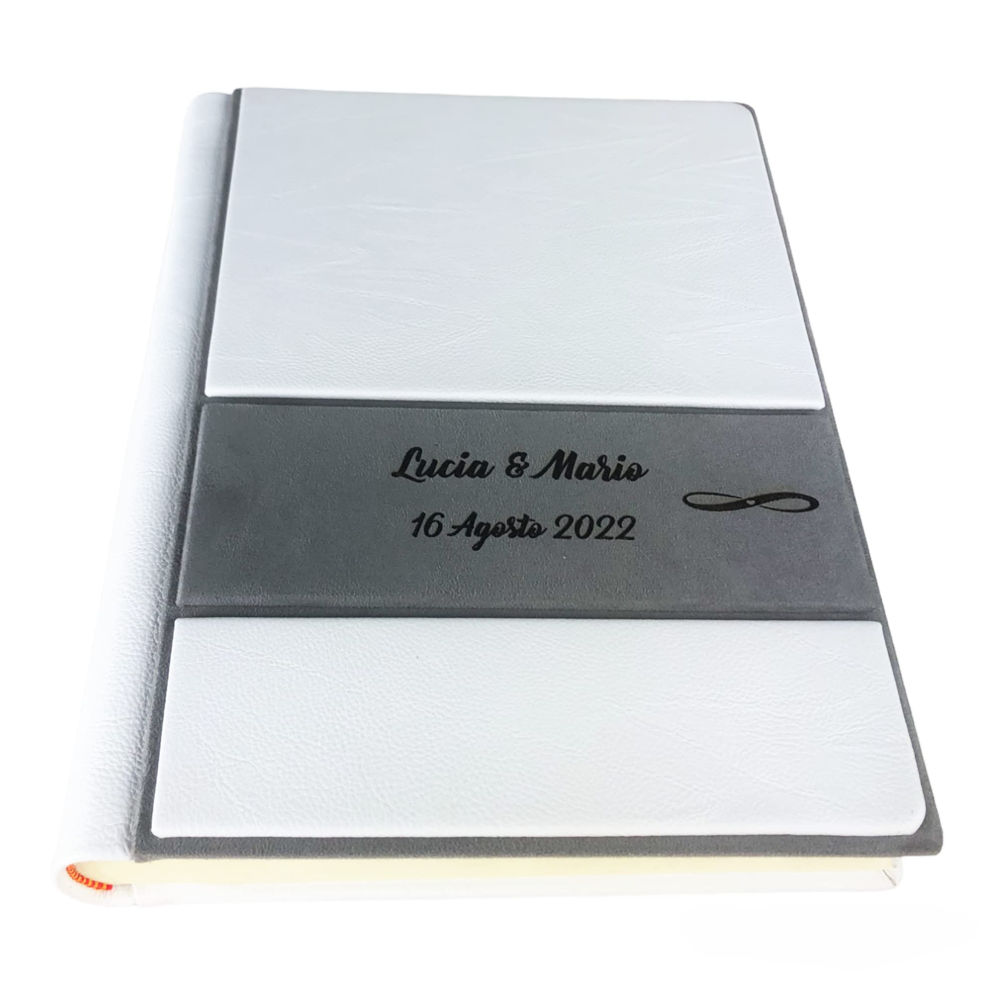TriVin Art Album Fotografico Artigianale in Alcantara e Similpelle, Personalizzabile con Incisione. Ideale per Qualsiasi Evento. (Bianco/Grigio)