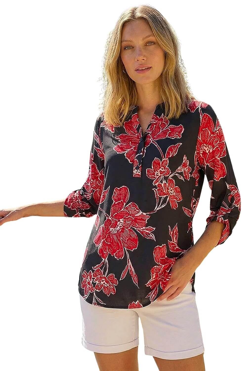 Roman Women's Black Floral Puff Print Stretch Shirt In | : Size 12