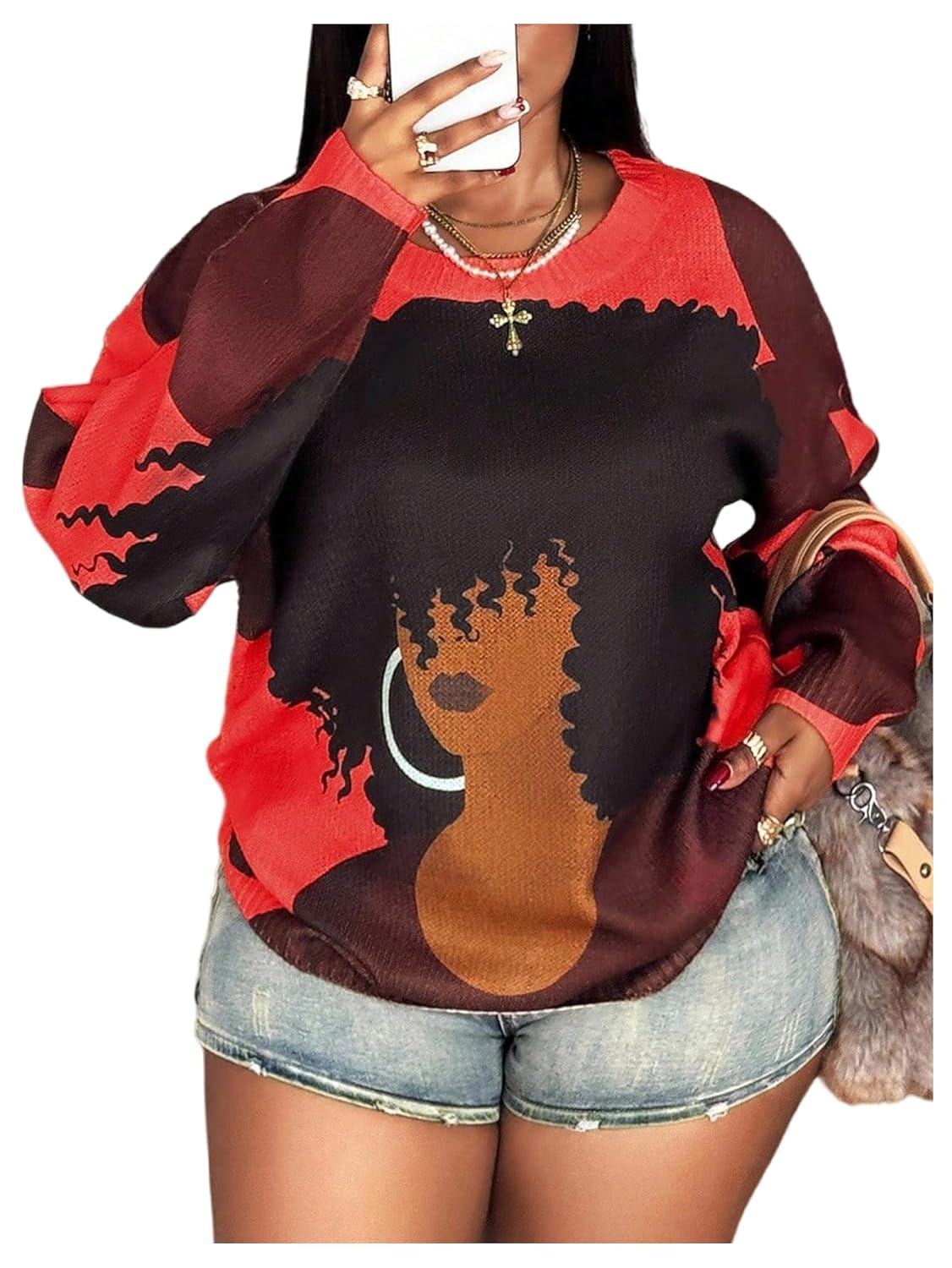 SOLY HUX Womens Plus Size Graphic Sweater Crew Neck Long Sleeve Knit Pullover Casual Trendy Tops