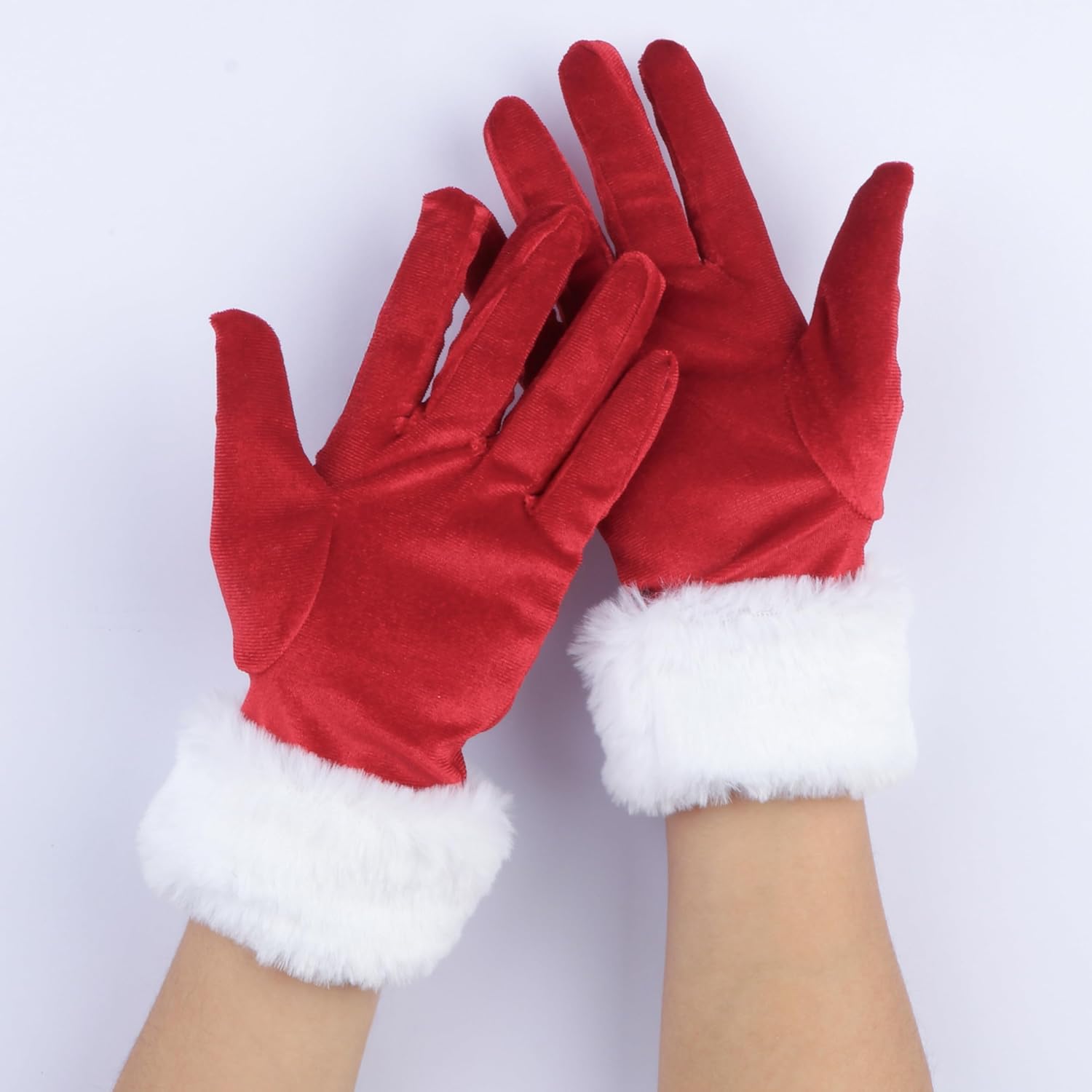 Koonfan クリスマスレッドベルベット手袋 白い毛皮のようなカフアクセサリー付き 女性用 サンタコスチュームグローブ
