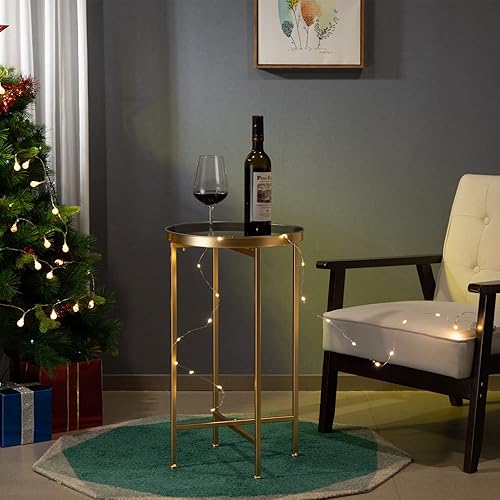 Miniatura 7 de HollyHOME Mesa auxiliar pequeña redonda de metal impermeable, mesa auxiliar de café para interiores y exteriores, mesa de sofá para sala de estar,