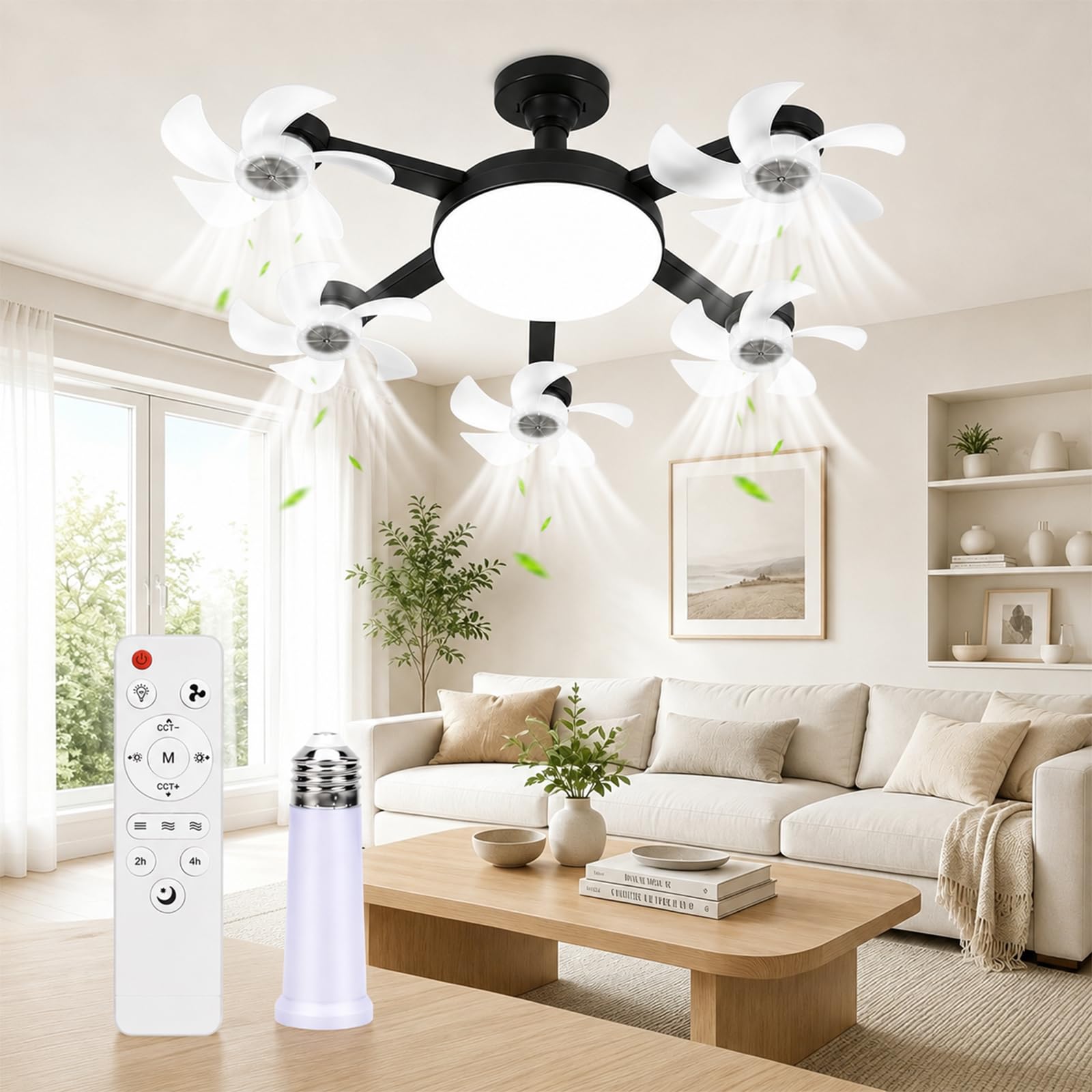 5 Blade Ceiling Fan with Lights and Remote, 2026 Upgraded Led Drone Ceiling Fan Light with Remote, Dimmable Timing Socket Light Bulb Fans, Silent Plug in Lamp Fans for Bedroom，5-B