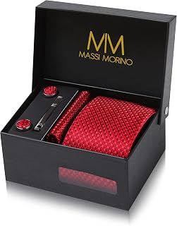 Massi Morino Krawatte mit Einstecktuch Set Herren inkl. Manschettenknöpfe, Krawattennadel und Geschenkbox - Männer Krawattenset zur Hochzeit