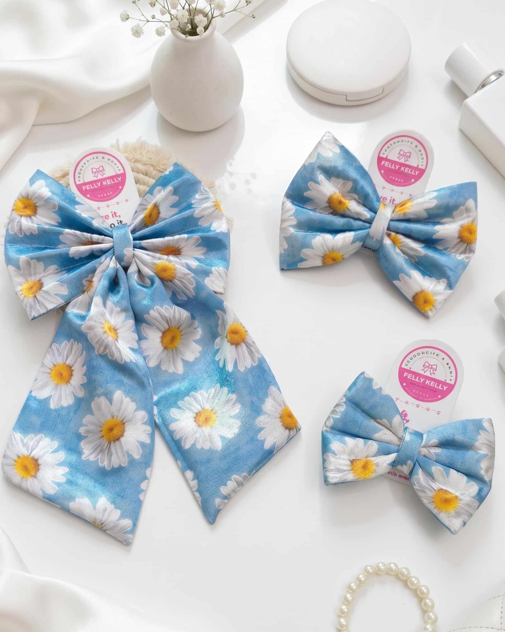 Printed Satin Hair Bow Set for Girls & Women | Handmade Boutique Hair Bow Clips with Strong Alligator Clips | Sky Blue Daisy Print | Set of 3 (Large, Medium & Small) | Sky Blue & Pearl White-picture-11
