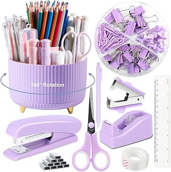 10pcs Purple Office Accessories for Women, Office Supplies Set, Desk Organizer with 360 Rotating Pen Holder, Stapler, Staple Remover, Tape Dispenser, Scissor, Ruler, Gift for Students, Office Clerks