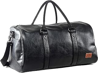 seyfocnia Leather Travel Bag with Shoe Pouch, Waterproof Weekender Overnight Bag, Carry On Duffel Bag for Men Women-Black