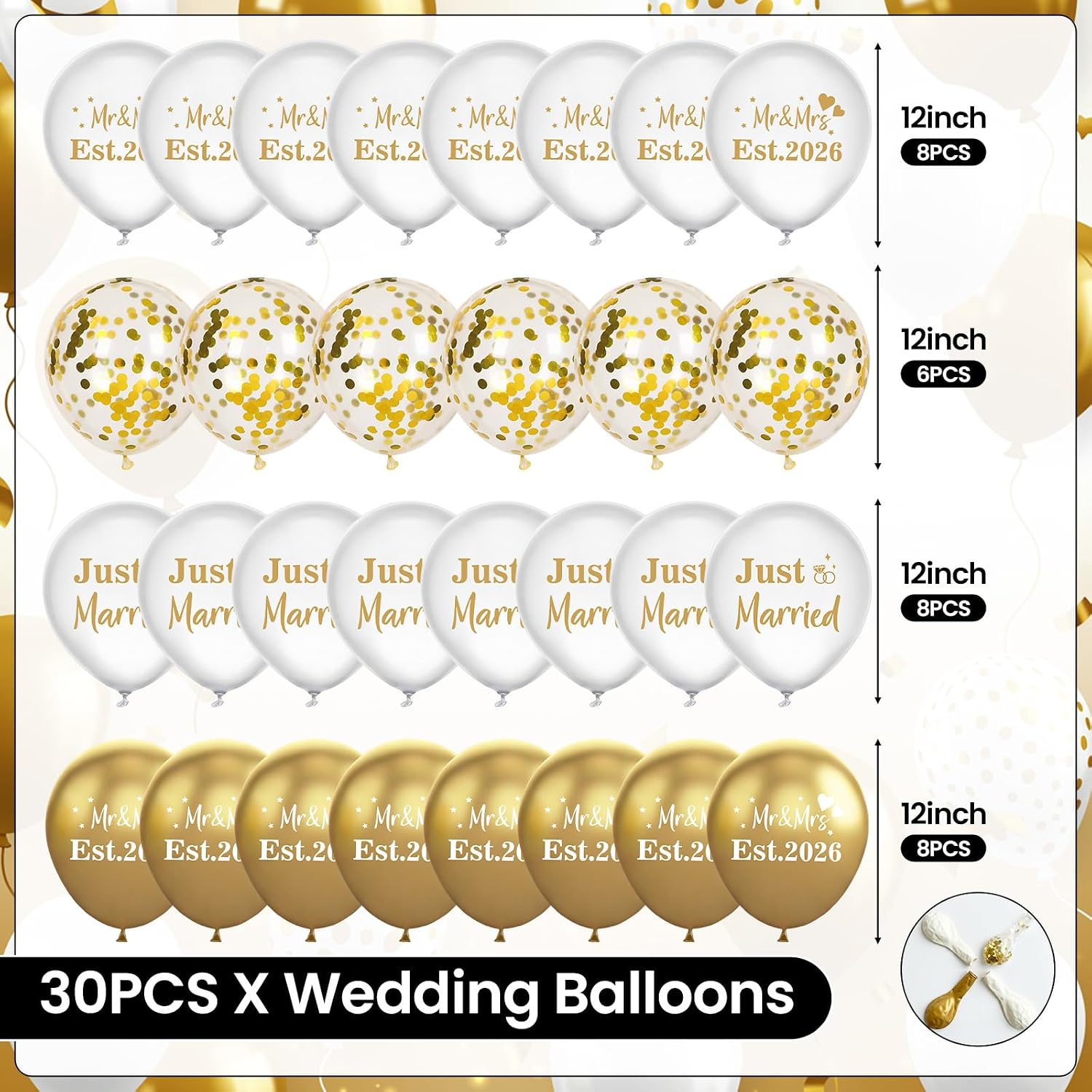 30Pcs Wedding Balloons Est 2026 Mr & Mrs Gold White Confetti Latex Party Supplies 12 Inch Just Married Engagement Decor for Bridal Shower Reception Anniversary Bachelorette for Couples image 3