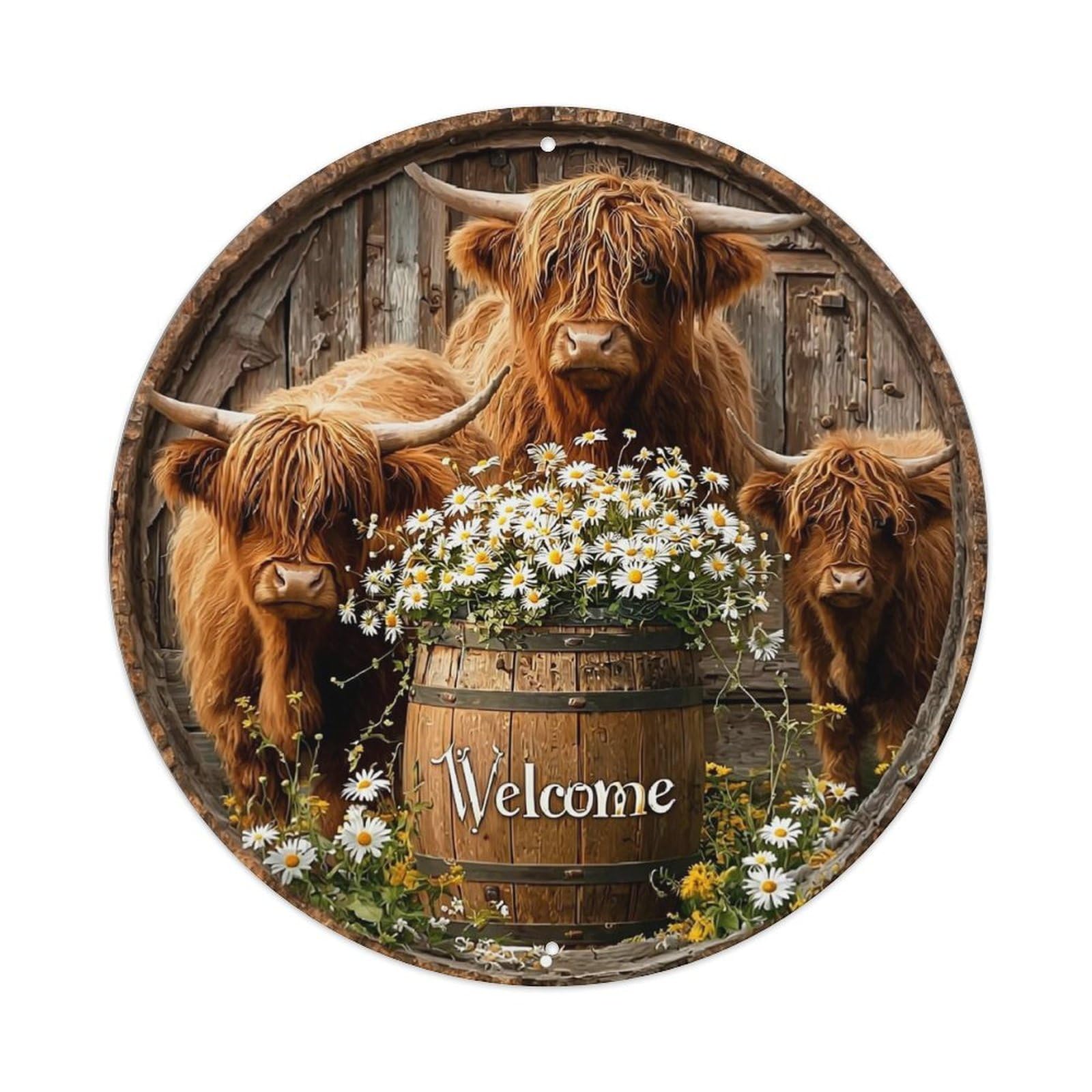 Jdyaojiesheng Vintage Cows Flowers Barrel Welcome Rustic Round Tin Sign Retro Metal Wall Decor Metal Poster, Home Bar Garage Farmhouse Cafe Wall Art Decoration 8X8inch