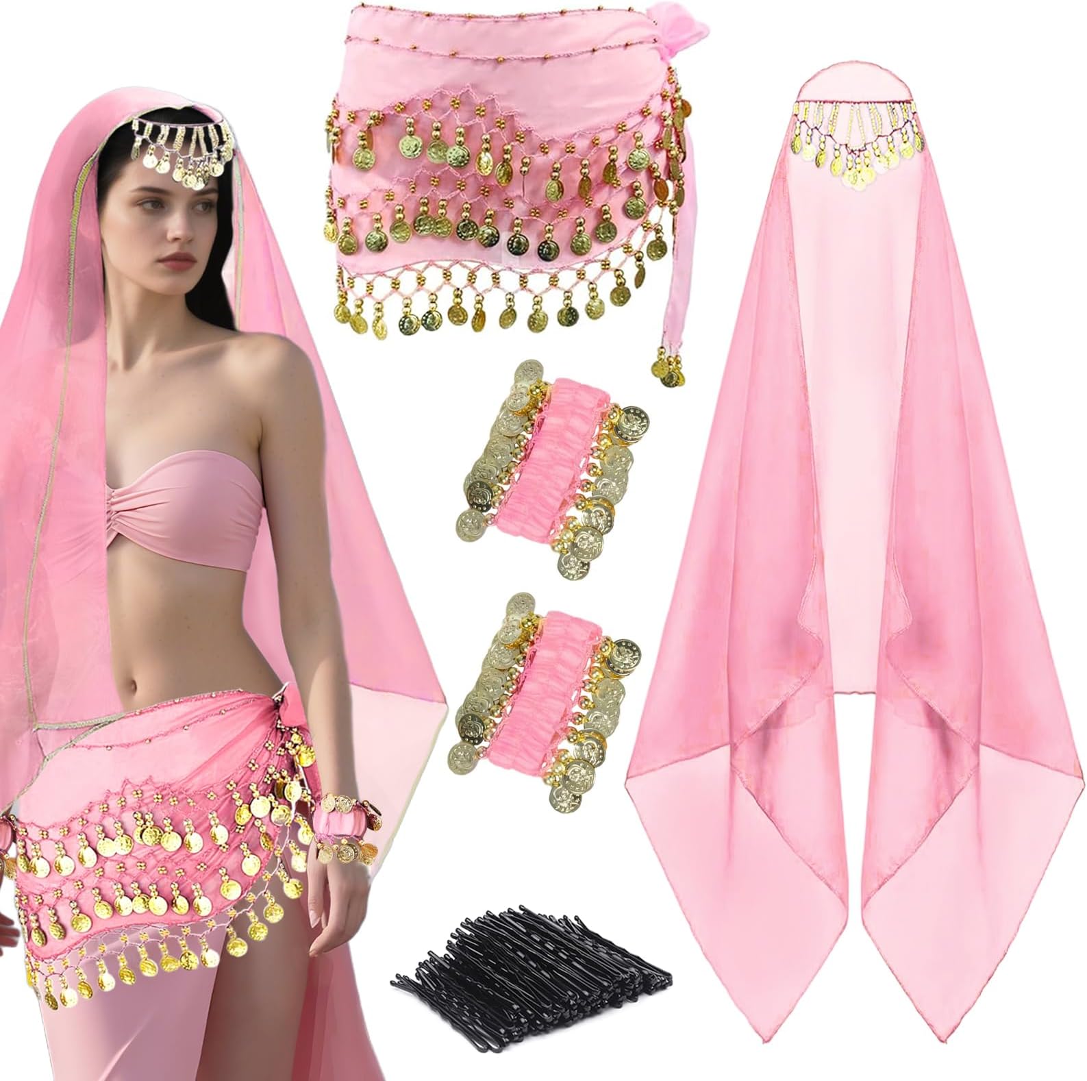 4 Pcs Belly Dance Hip Scarf Sets, Belly Dance Skirt & Head Scarf with Coins, 2 Coin Wrist Bracelet 50 Bobby Pins
