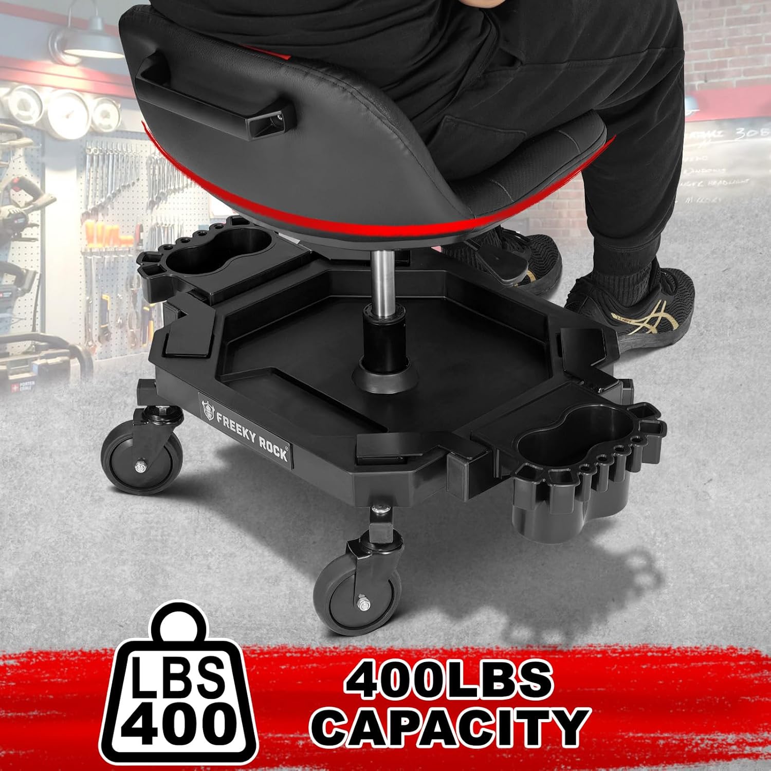 Rolling Stool with Wheels, Adjustable Height Pneumatic Garage Work Mechanic Stool Seat with Backrest, 400 LBS Capacity 360° Swivel Mechanic Crepper Chair with Tool Tray Storage, Red