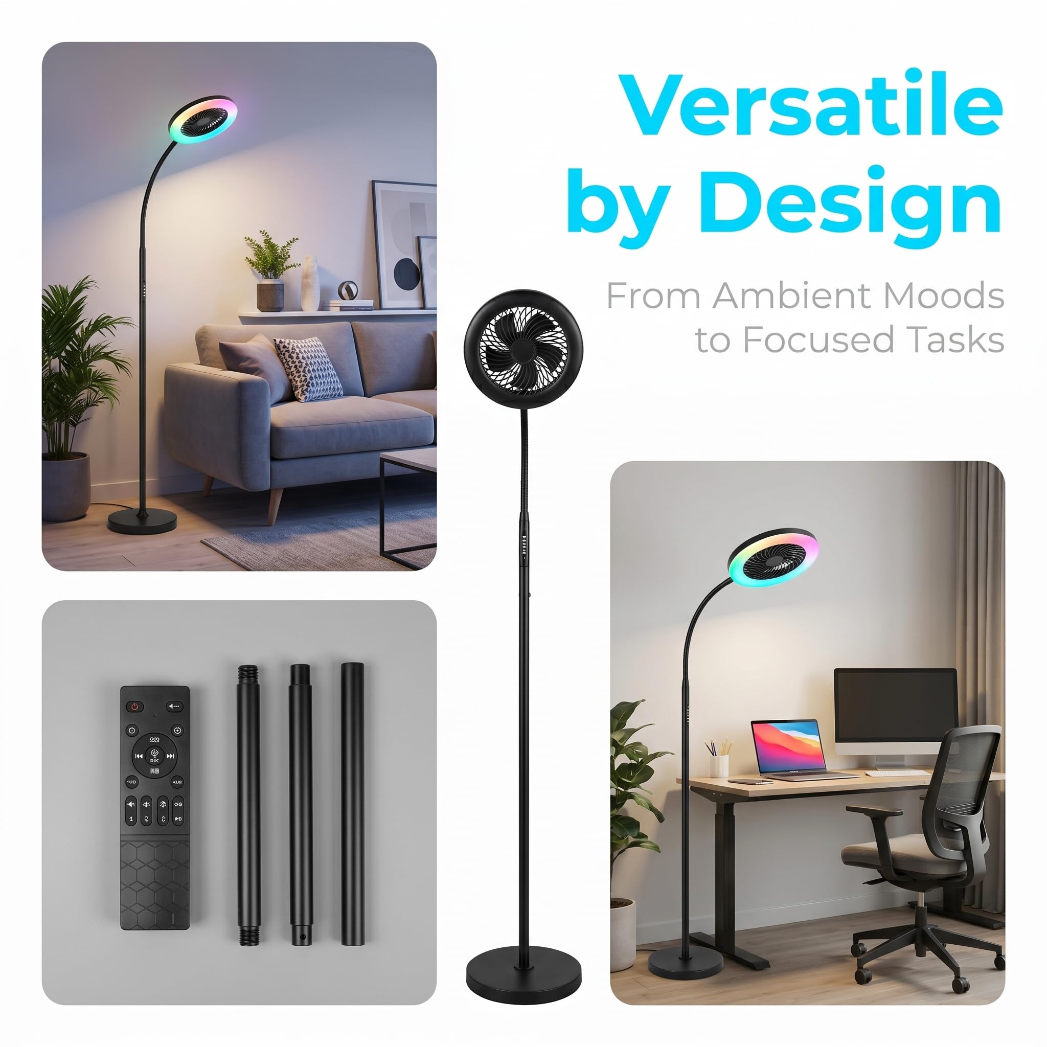 Stehlampe mit Ventilator, LED Standventilator mit RGB Beleuchtung, Flexibler Schwanenhals Höhe Verstellbar Fernbedienung 3 Geschwindigkeiten & Farbtemperaturen für Wohnzimmer Schlafzimmer Büro