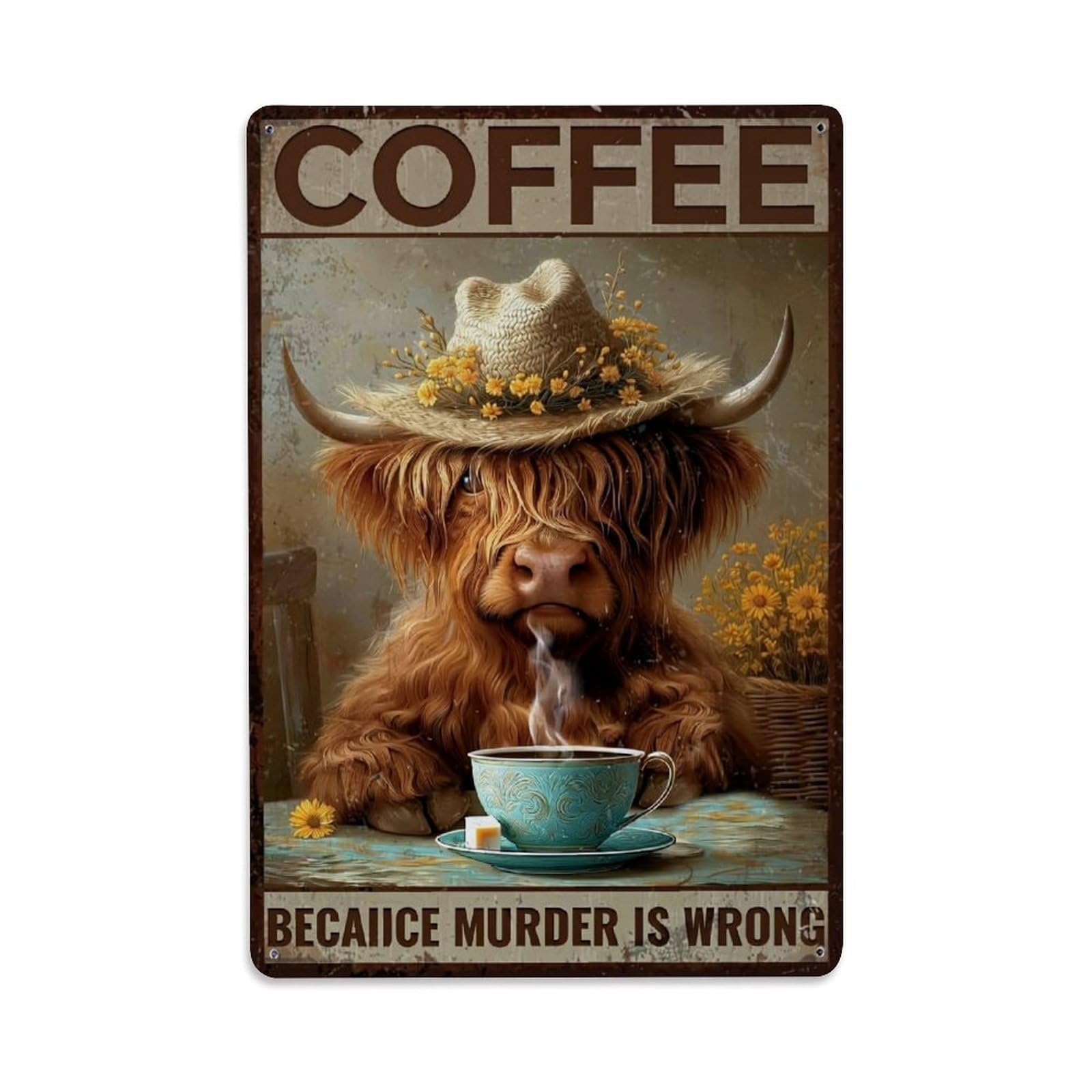 Jdfenggu Vintage Coffee Cow Hat Flowers Steam Retro Metal Tin Sign, Decor Art Poster For Bar, Home, Man Cave, Kitchen, Laundry Room Gift 8X12inch