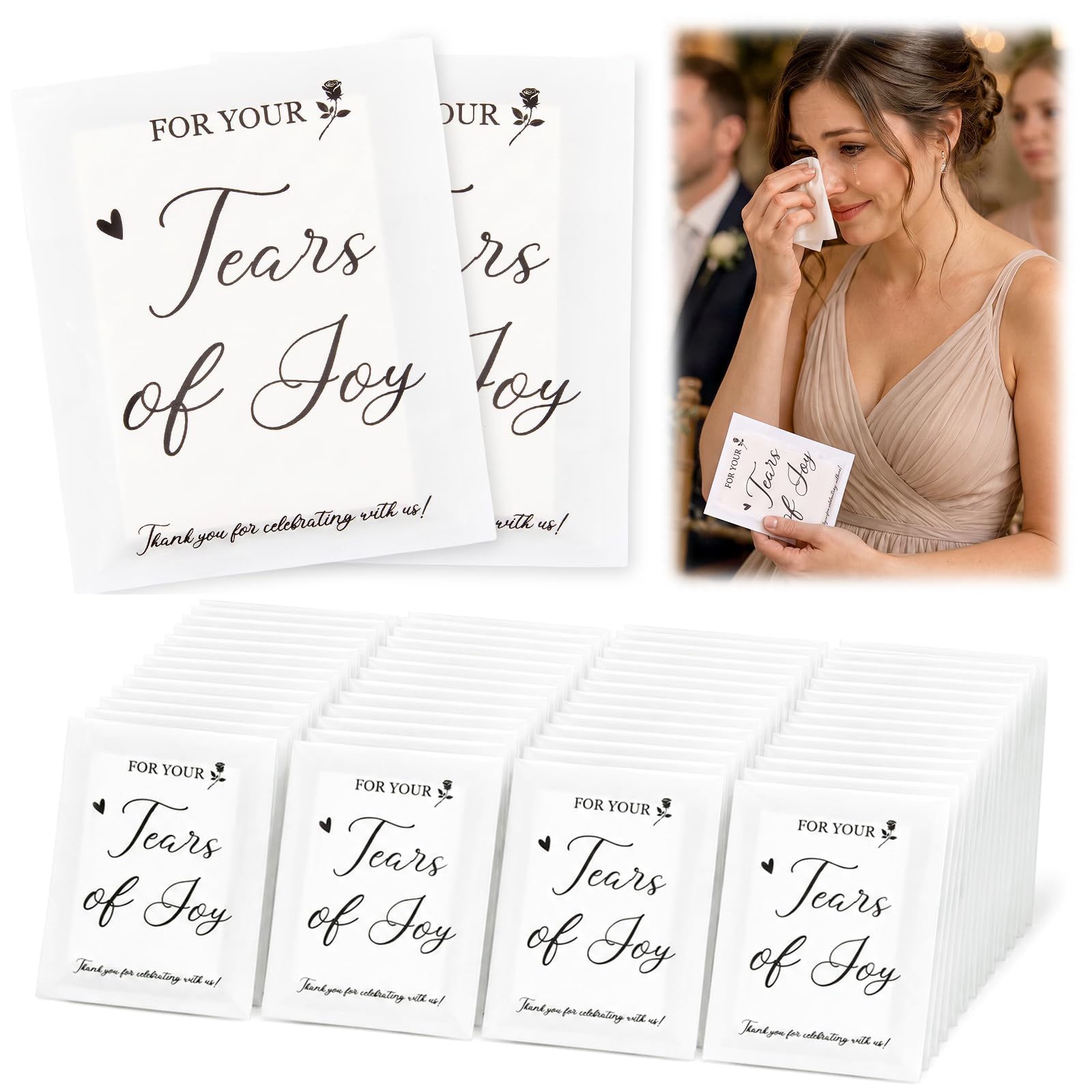 Faccito 50 Pack Happy Tears Tissues for Weddings with 150 Tissues, for Your Tears of Joy Tissue Packs with Printed, Wedding Guest Favors, Wedding for Ceremony Reception Bridal Shower Church