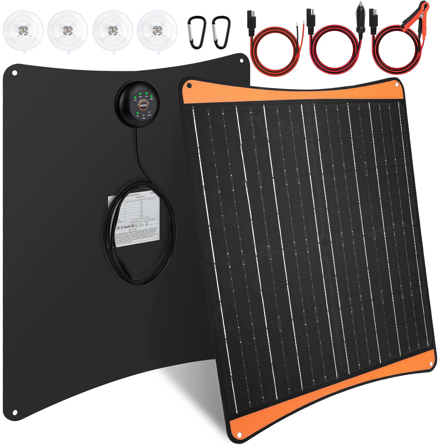 【30W Chargeur Batterie Voiture Solaire】DERUXI 30W Panneau Solaire 12V, Chargeur Solaire Panneaux Solaires Portable, Maintien de Charge Batterie Voiture Allume-Cigare Pinces Crocodile pour Bateau Moto