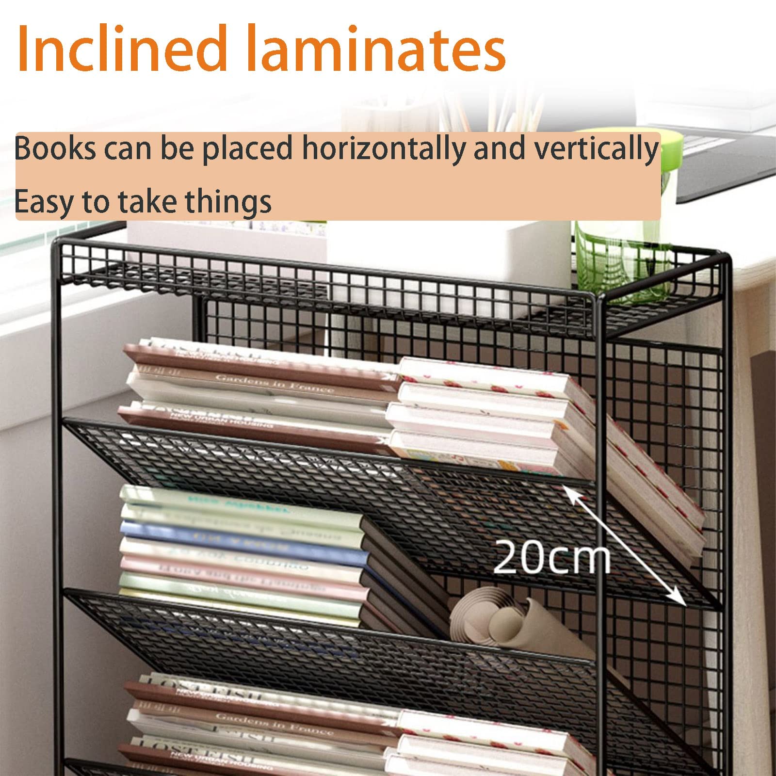 Scaffale portaoggetti laterale da scrivania, carrello con ruote, ampio tavolo con laminati inclinati, facile accesso ai libri, per camera da letto, soggiorno, aula