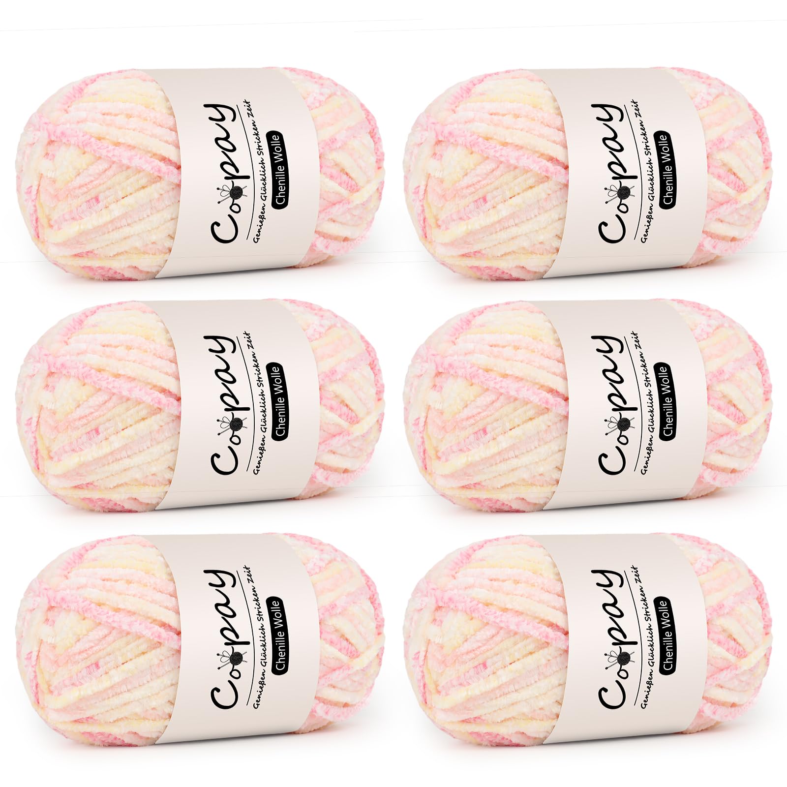 Coopay Chenille Wolle zum Häkeln, 6x100g Weiche Samtig Chenillegarn, Flauschige Dicke Wolle zum Stricken, Warme Plüschwolle Häkelgarn für Decken, Schals, Mützen