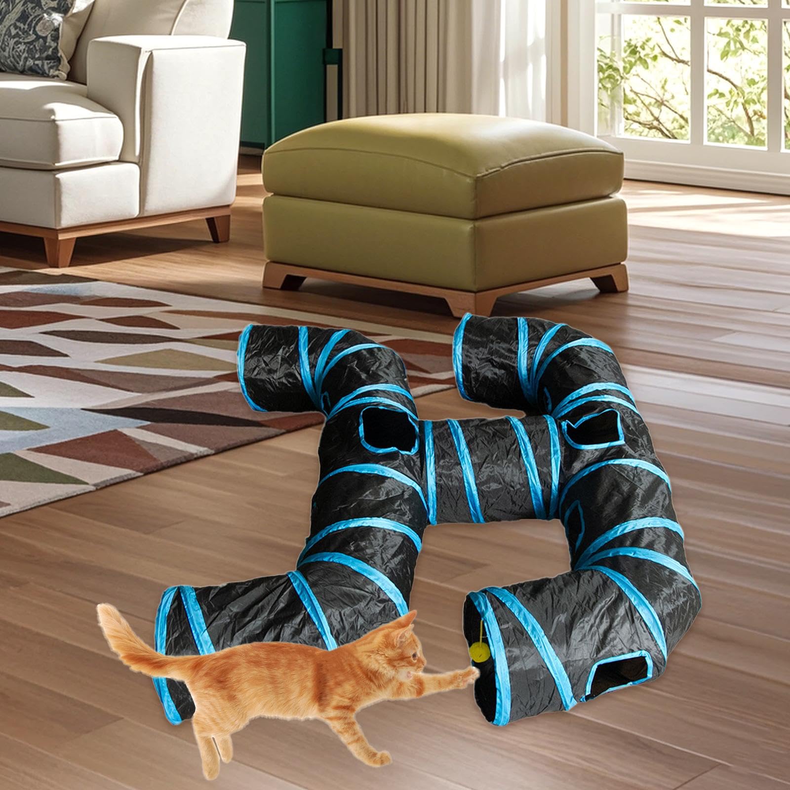 Tunnel pour Chat Pliable, pour Animaux de Compagnie, Tube de Jeu, Multifonctionnel, Léger, Cachette D'entraînement, Jeu de Balle, Espace de Jeu et, Bleu Noir