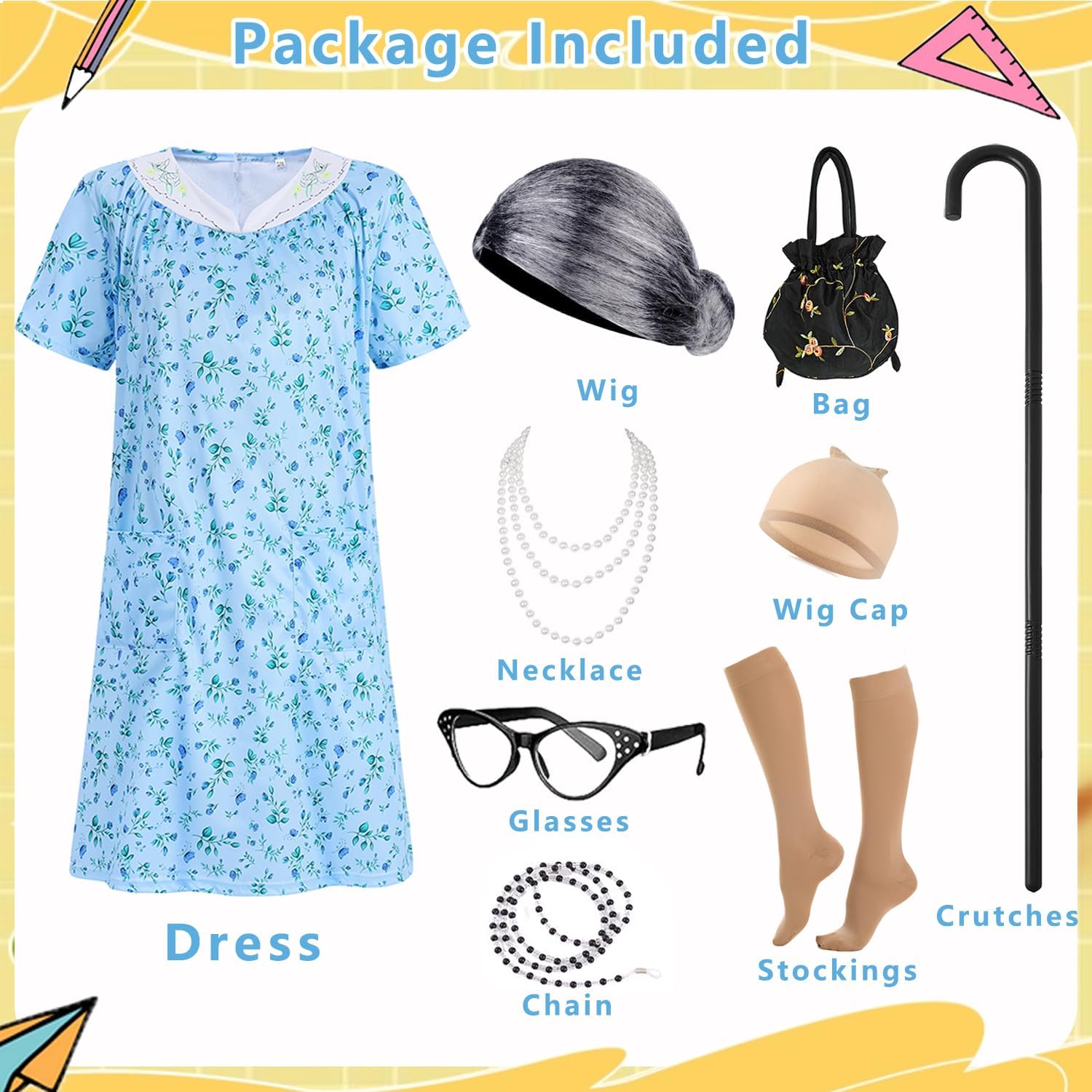 Old Lady Costume for Women 100 Days of School Costume Set Adult Grandma Costumes Dress Up Accessories for Halloween