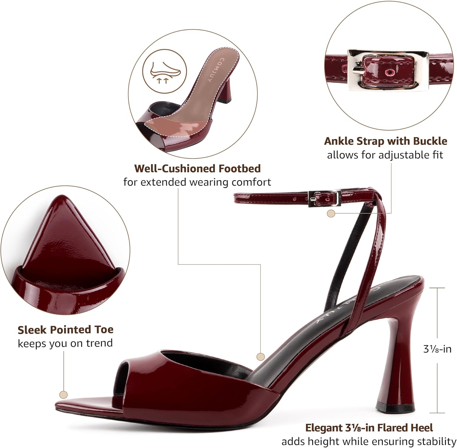 High Heels for Women Peep Pointed Toe Kitten Heeled Sandals Strappy Flared Heels Elegant Leather Sandals Comfortable Chic Summer Prom Wedding Sexy Dress Shoes - Image 4