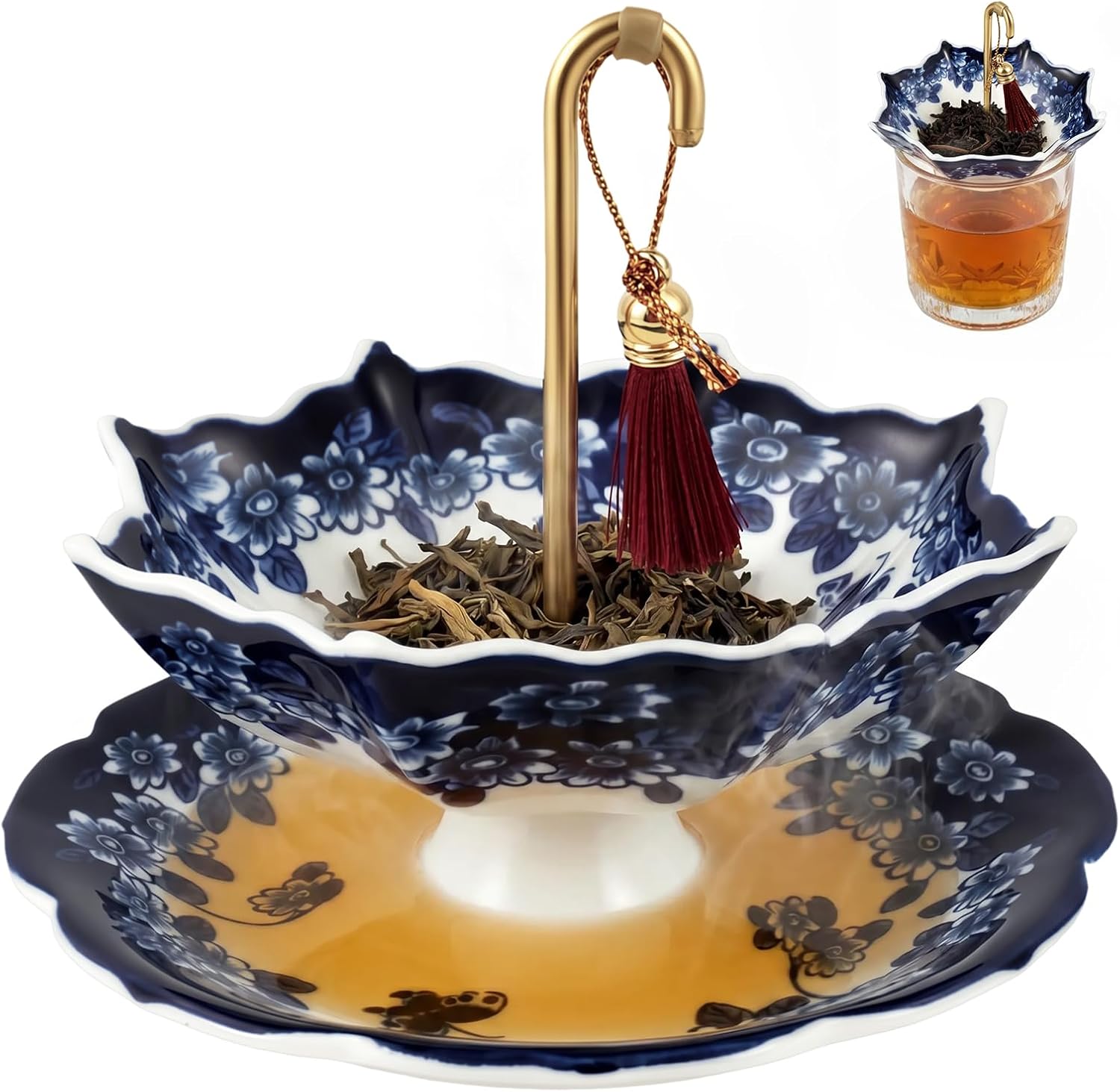 Umbrella Ceramic Tea Strainer with Drip Tray, Chinese Blue & White Porcelain Loose Leaf Filter, fits 2.56 to 3.94-Inch Openings(blue)