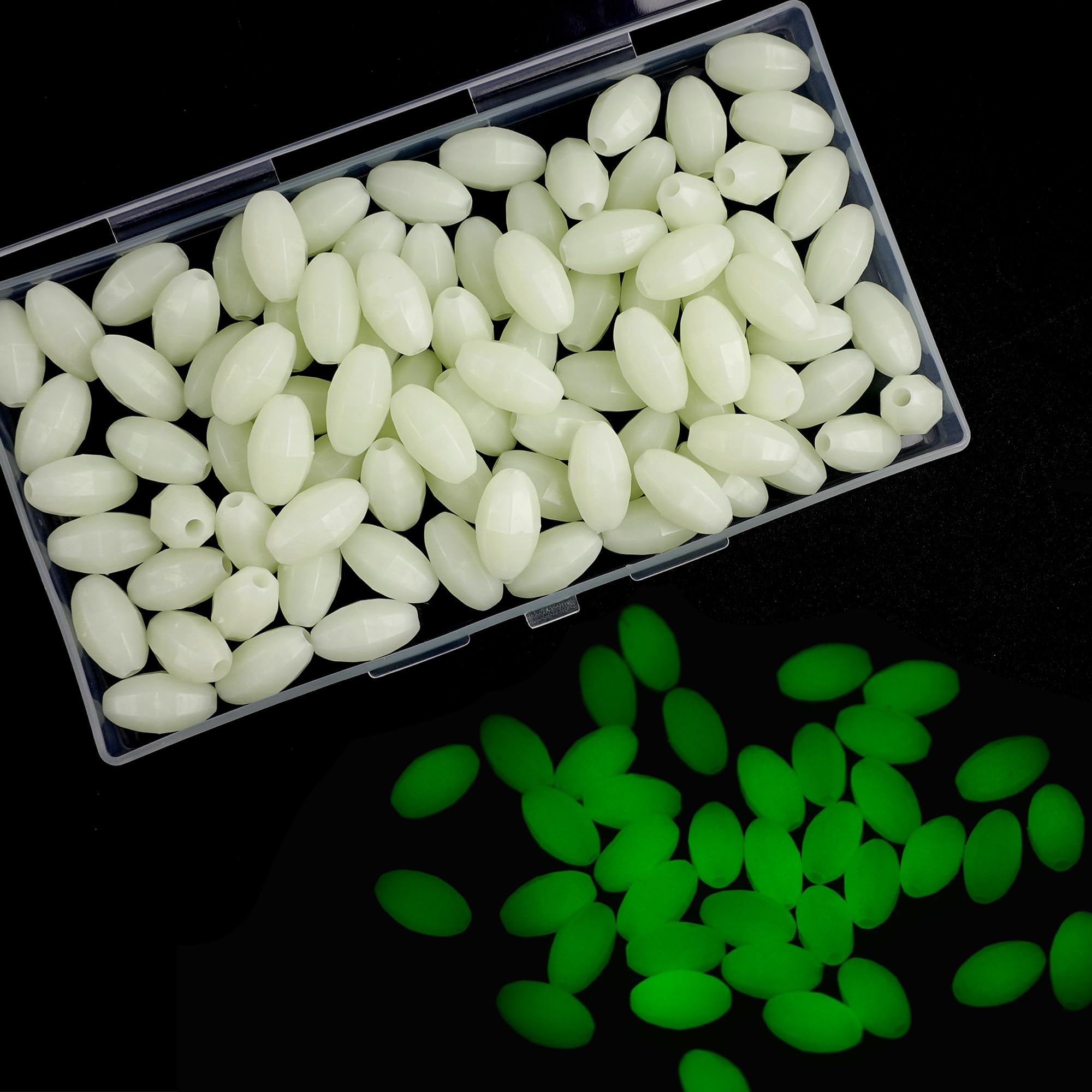 SILANON Glow Fishing Beads, 100pcs Hard Plastic Luminous Fishing Beads Green White Glow in The Dark Fish Line Beads Freshwater Saltwater Oval Bait Eggs for Fishing Rigs