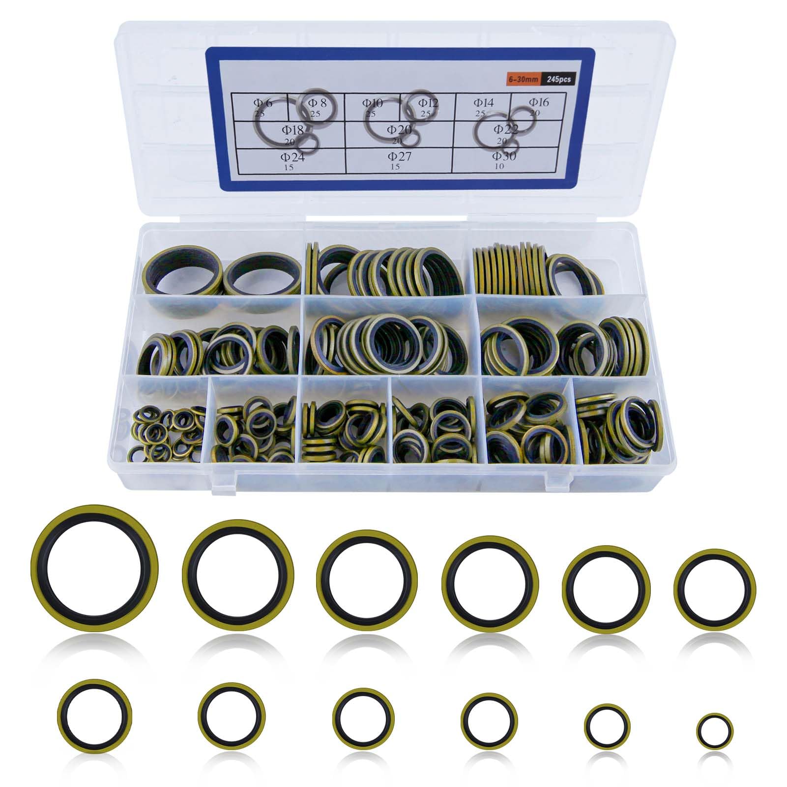 LEONTOOL 245 Pcs 12 Sizes NBR Metal Bonded Sealing Washer Assortment Kit M6 M8 M10 M12 M14 M16 M18 M20 M22 M24 M27 M30 Sealing Rubber Washers Self-Centred Oil Pipe Seal Gasket O-Ring Assortment