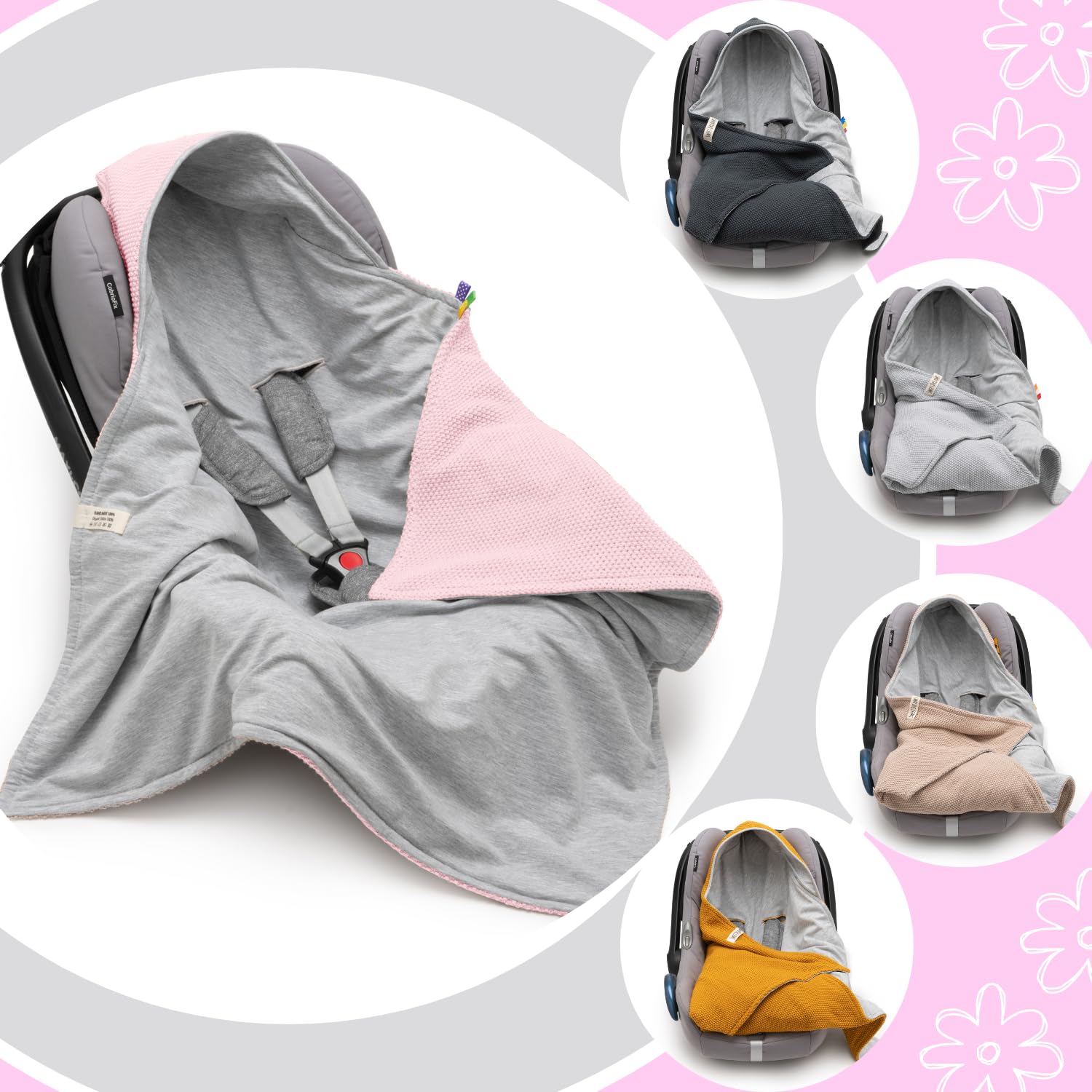 Mikos® Einschlagdecke Babyschale Herbst Winter GOTS zert. 100% Bio Baumwolle Strickdecke Baumwolldecke für Autositz Für Kinderwagen Buggys z.B. Maxi Cosi 3 Punkt Gurt (45) (Rosa)