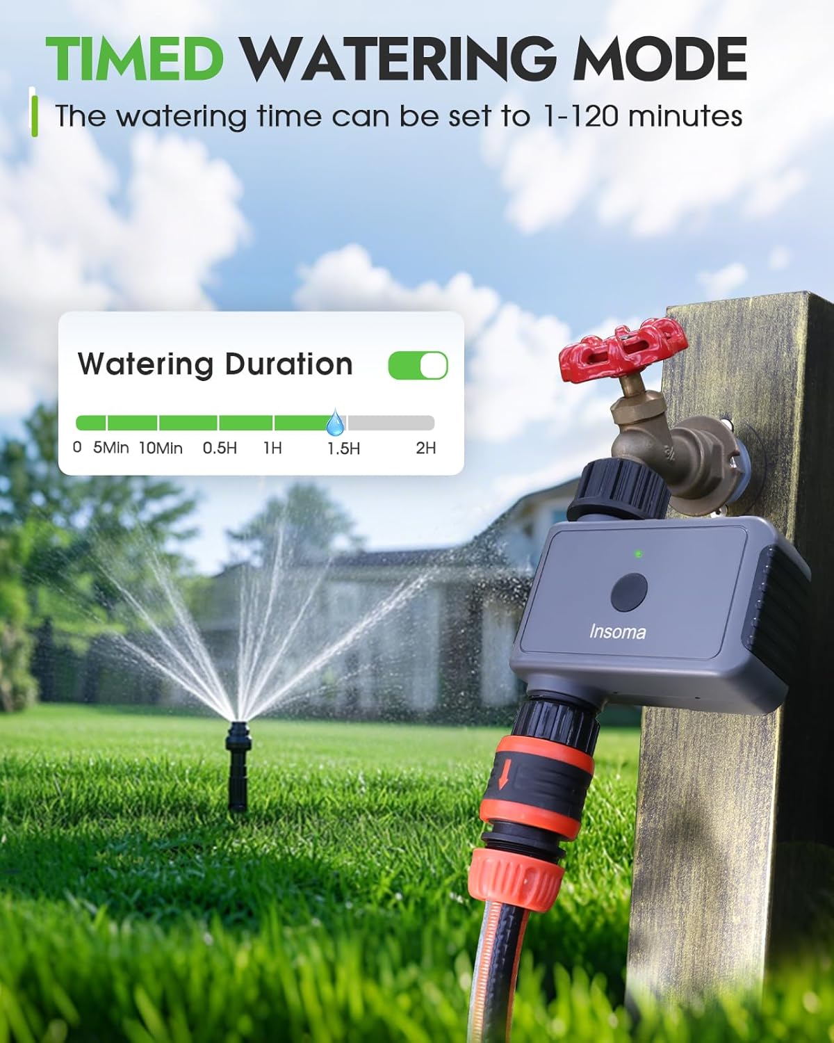 Insoma Sprinkler Timer watering a lawn with timed settings
