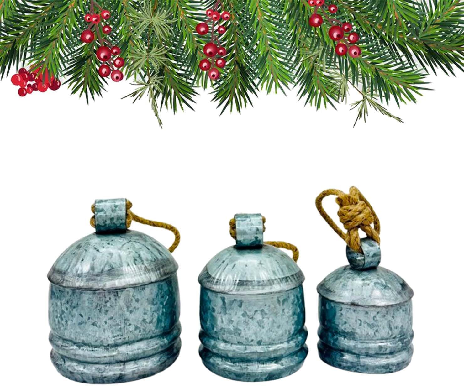 Brass Rustic Christmas Bell Metal Christmas Hanging Bells Vintage Decor with Jute Hanging Rope,Decorative Cow Bell, Ideal for Wedding,Christmas (Brass Cone Set of 3)