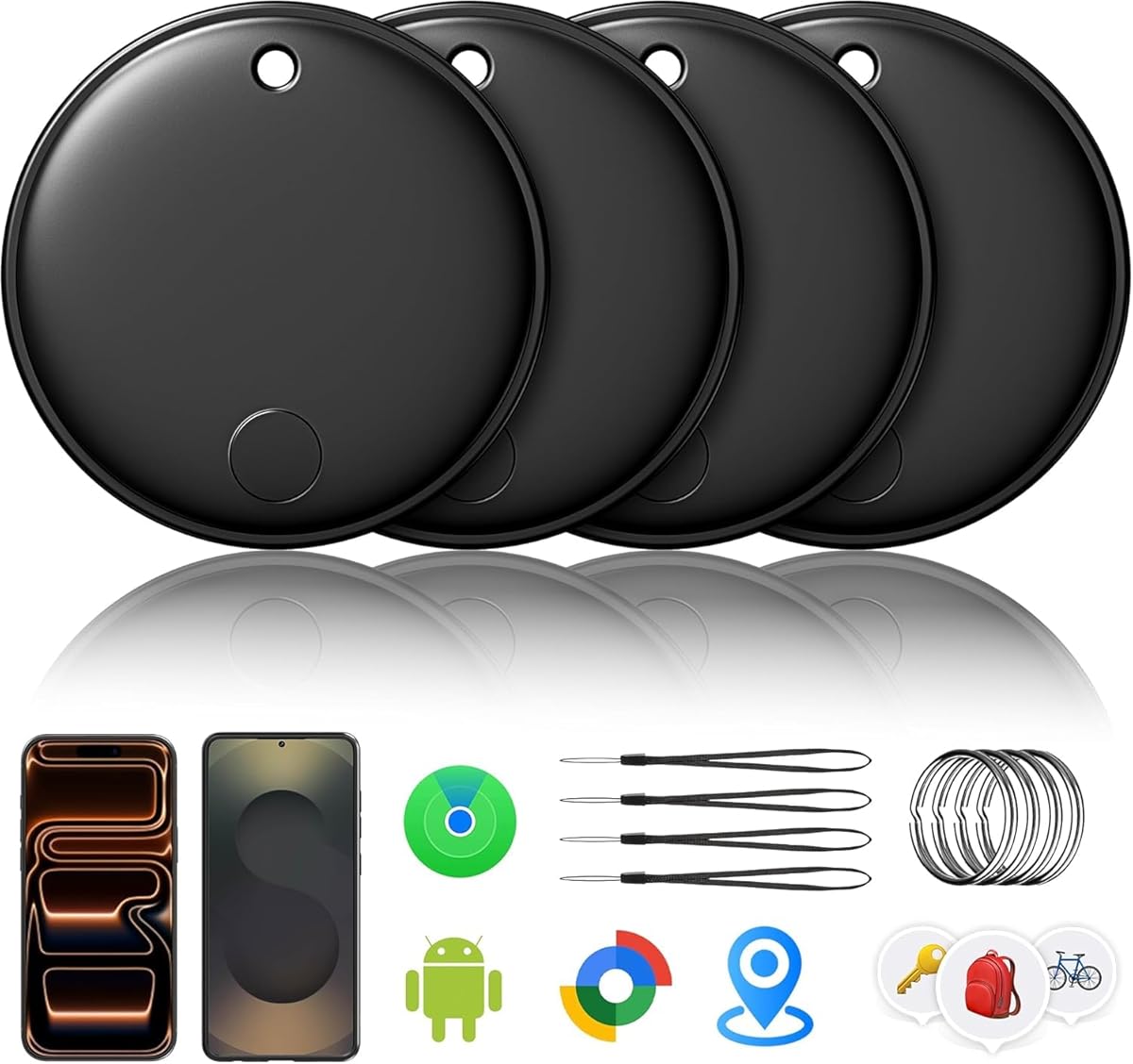 Air Tracker Smart Tags Android & iOS-4er Pack, Dual System Tracker Tagg für Apple Wo ist? & Smart Tag Android Google's Find Hub | Tracker Batterie wechselbar, (Schwarz)