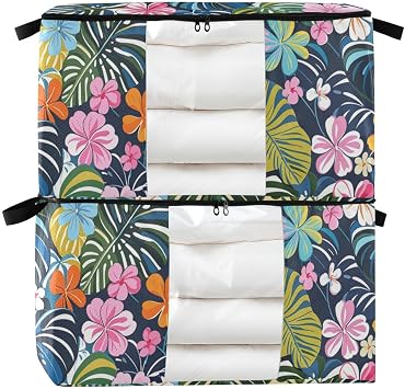 Colorful Summer Hawaiian Flowers 60/95 L zippered storage bins with Reinforced Handles, clear window containers for organizing for King Comforter Bedding Pillow Sheet