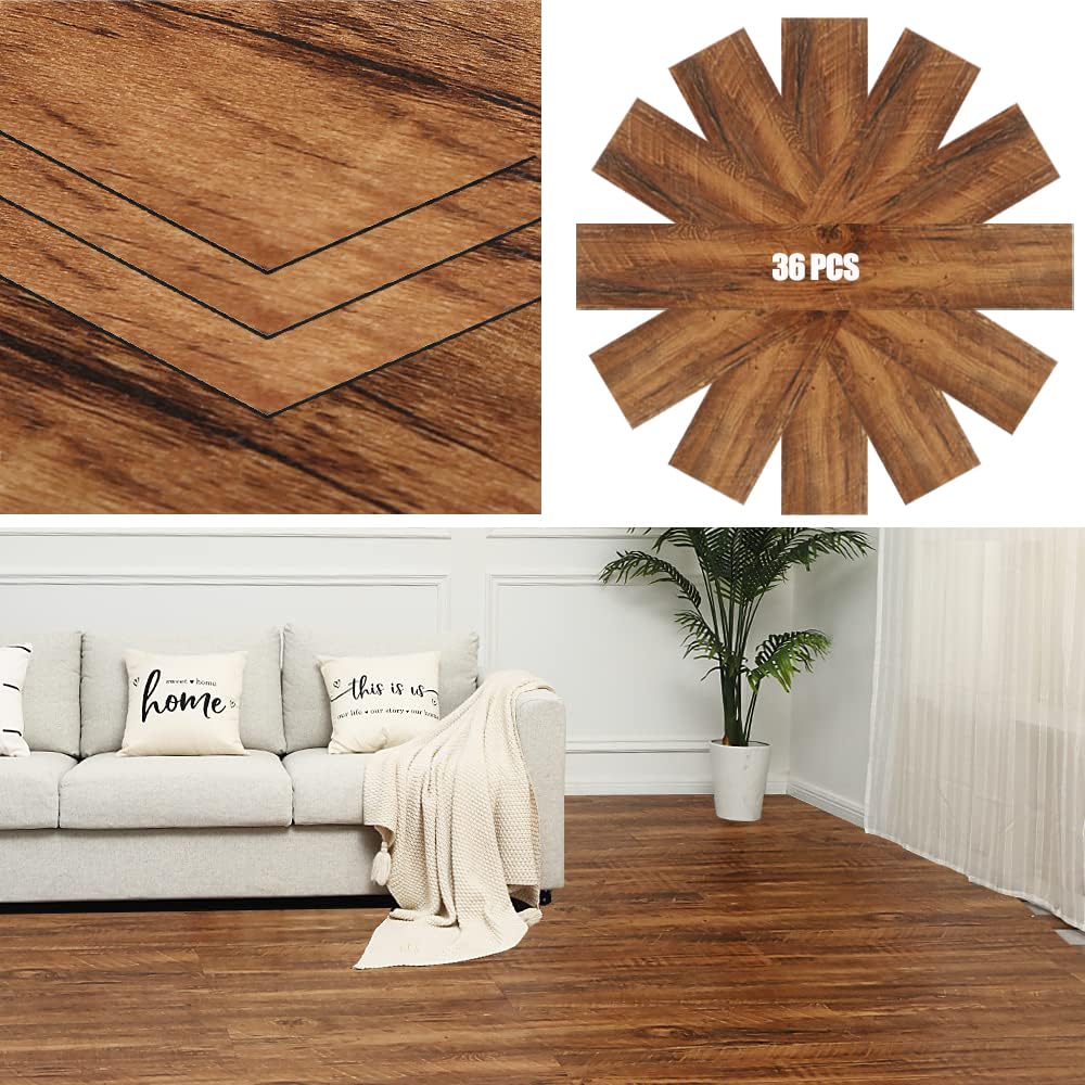 SURNUO Thick Peel and Stick Vinyl Floor Tile, 36 Pack / 54 Sq.Ft Self-Adhesive Tile Flooring for Bathroom, Bedroom, Livingroom, Kitchen and Renter's House Rustic (36" x 6" x 0.6") 36PC Brown 36