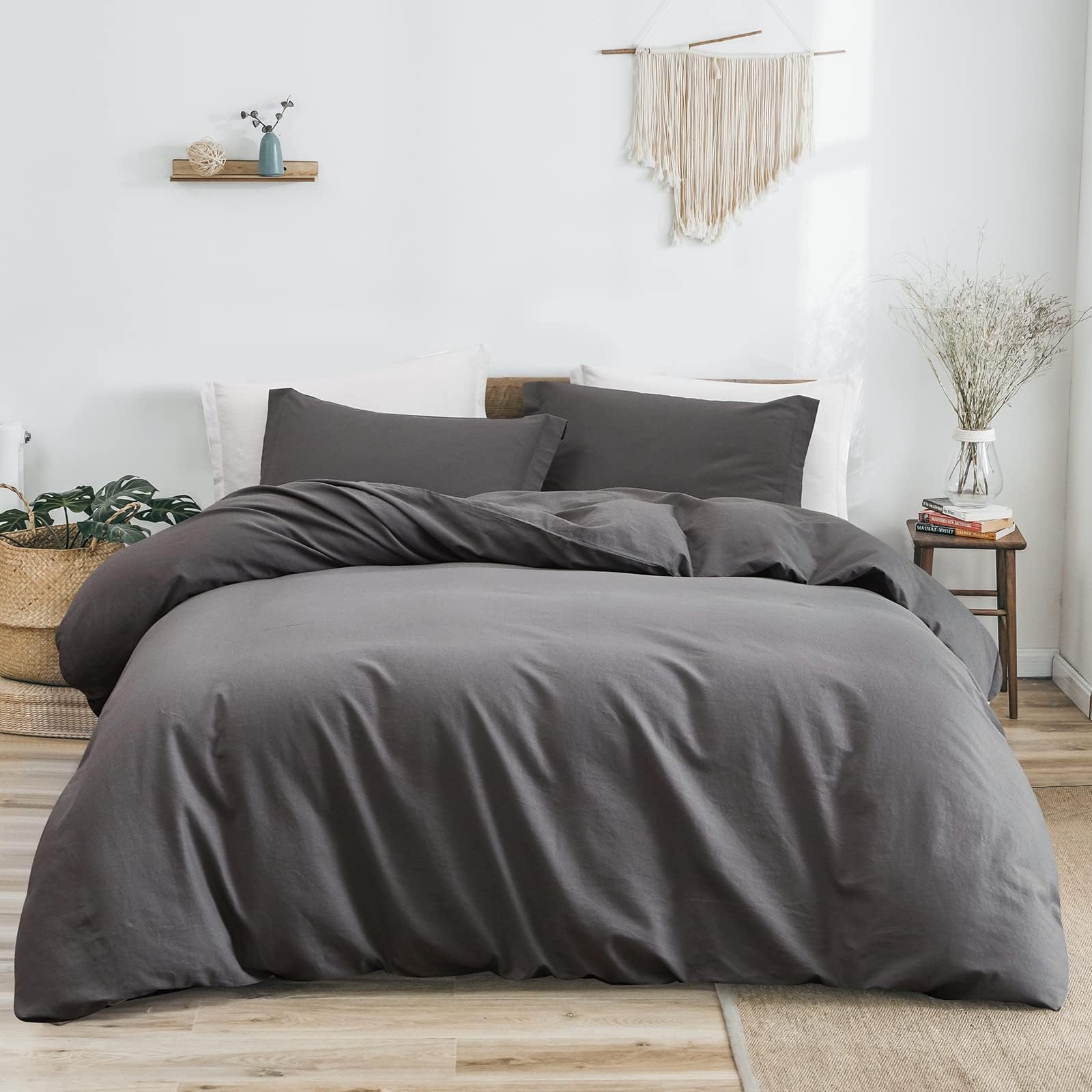 PHFLinen Duvet Cover Set Queen, Upgraded French Linen Blend Duvet Cover Set, Comfy Elegant Comforter Cover Set for Hot Sleepers, 1 Duvet Cover and 2 Pillowshams, 90"x 92", Charocal Grey