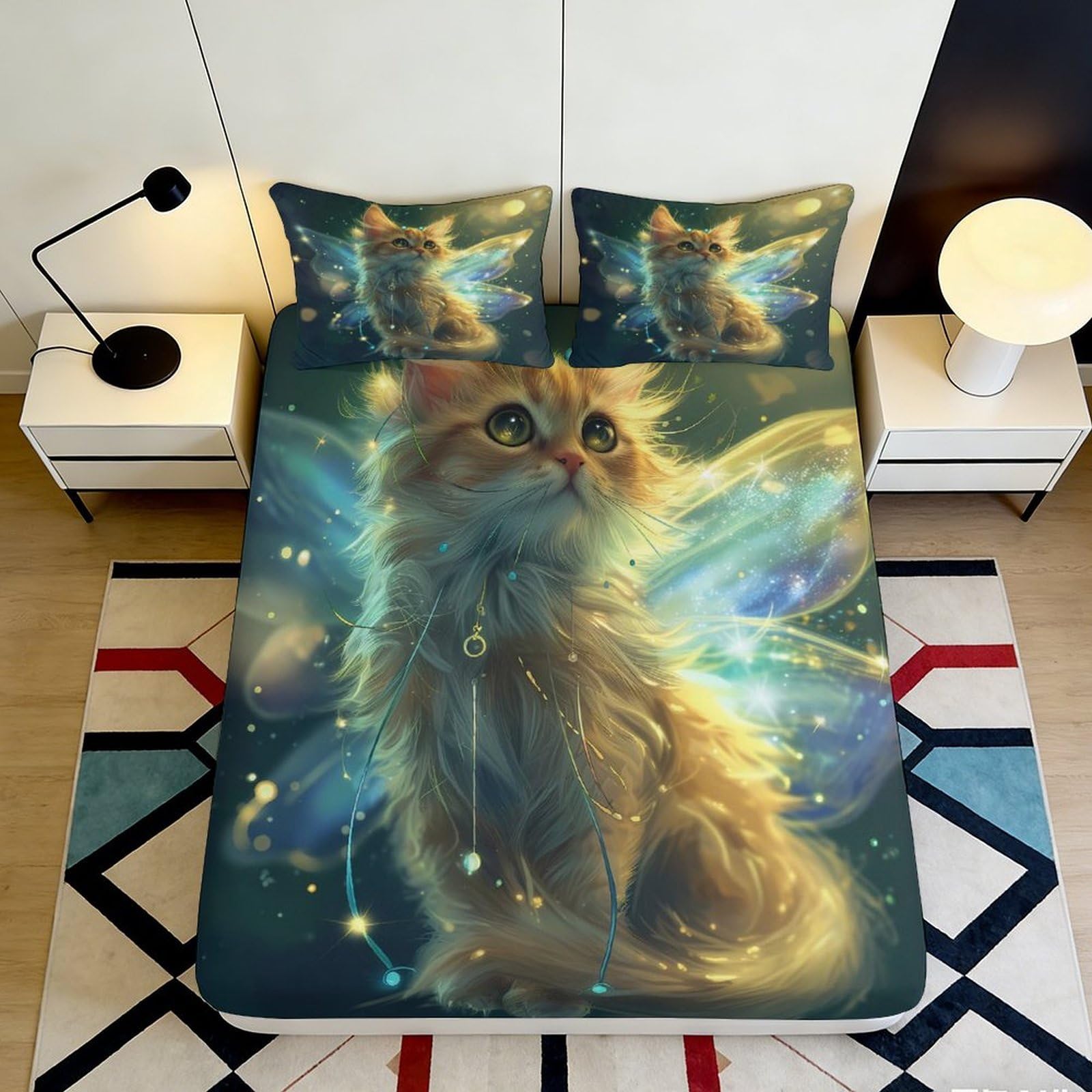 3D Printed Fantasy Cat Fitted Sheet Microfiber Soft Fairy Wings Bed Cover for Bedroom Dorm Mattress Protection Decor 90x200x25cm