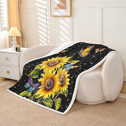 Miniatura 3 de Manta de vellón con diseño de girasoles y mariposas, manta de felpa floral de primavera para niños, adolescentes, niños y niñas, manta de lunares de