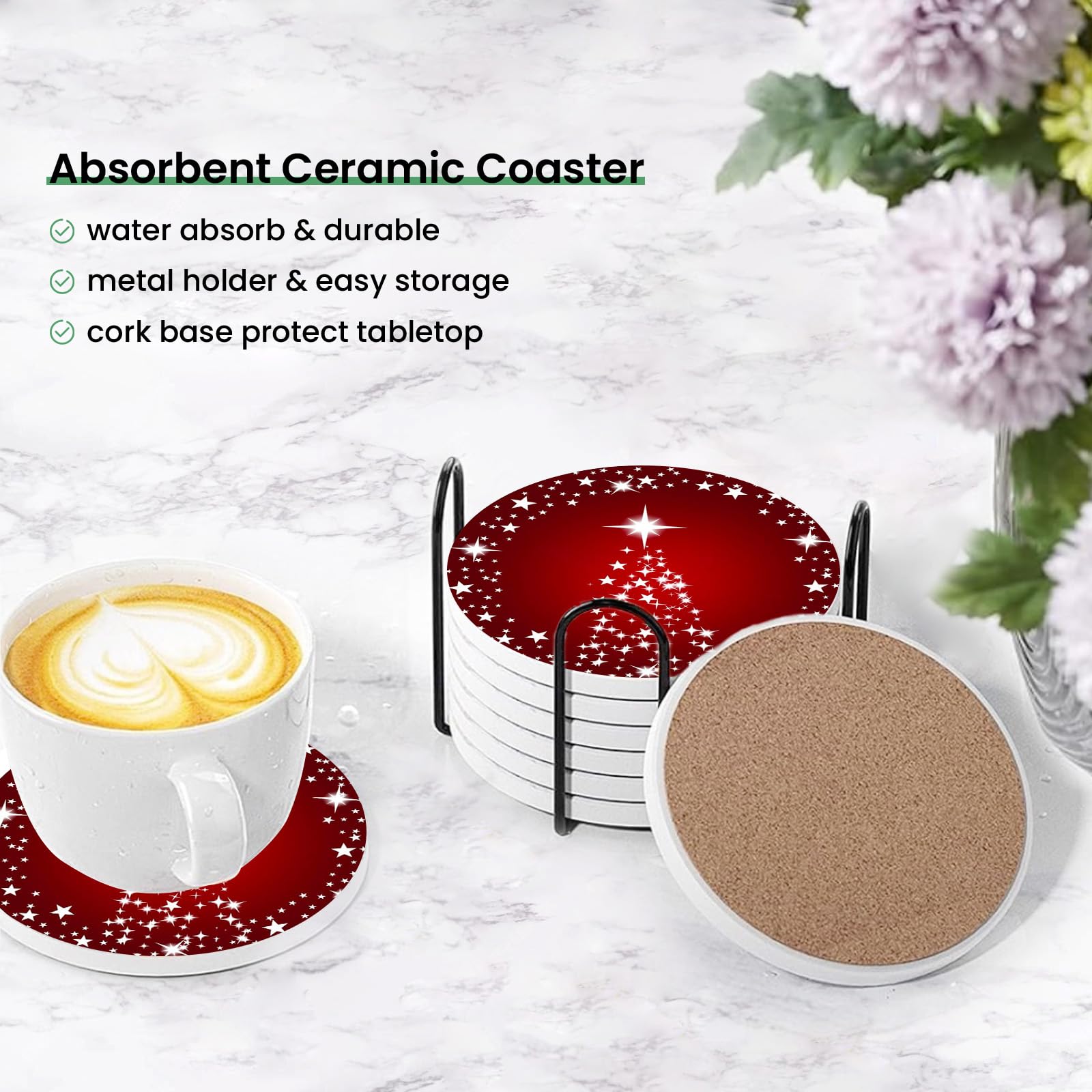 Set di 6 sottobicchieri rotondi assorbenti in ceramica con supporto in metallo, sottobicchieri rossi natalizi con base in sughero, per tavolino, cucina, regali