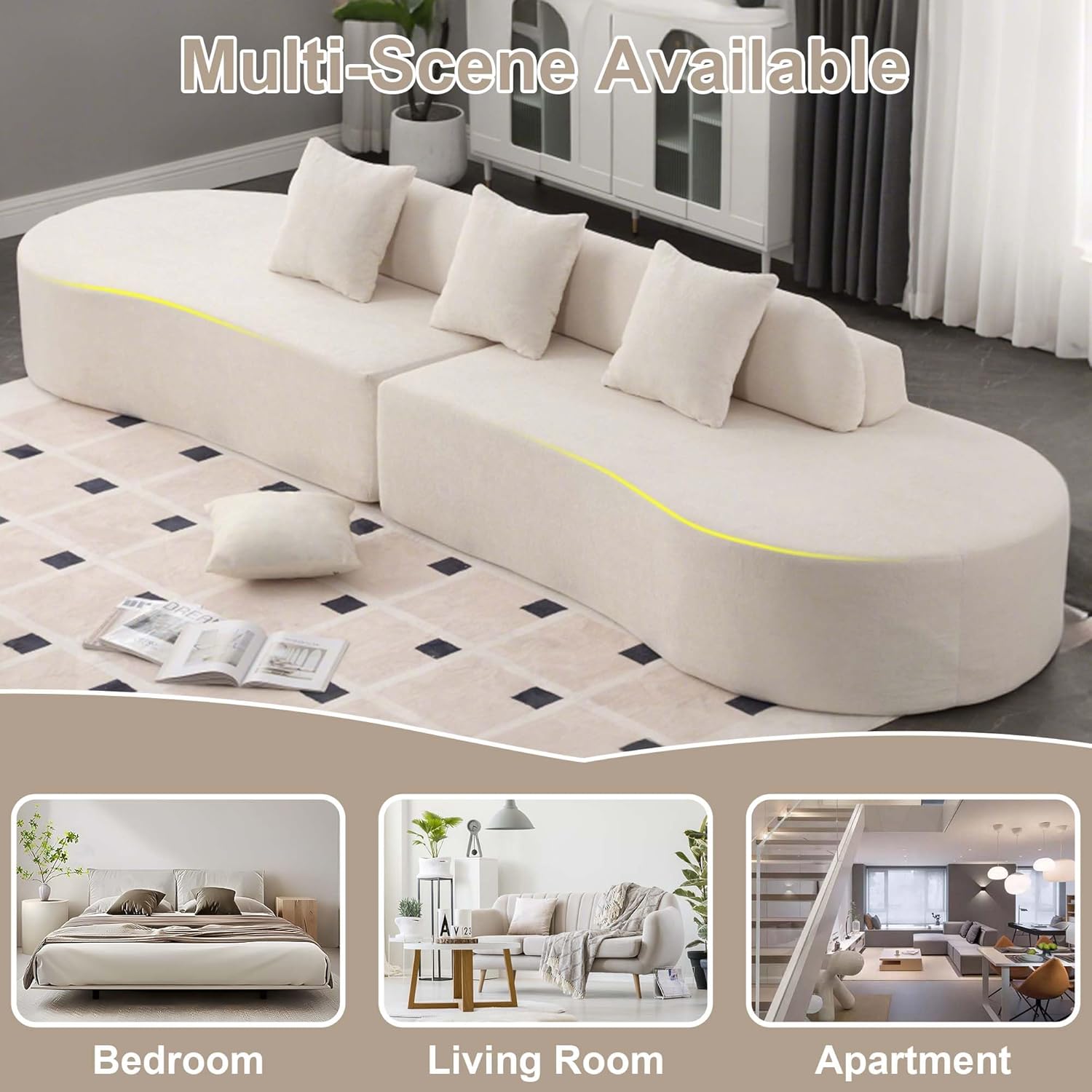 130.5" Curved Sectional Sofa for Living Room, 4-Seater Floor Boneless Foam Cloud Couch with 3 Pillows, Compression Couches for Apartment, No Assembly Required, Beige