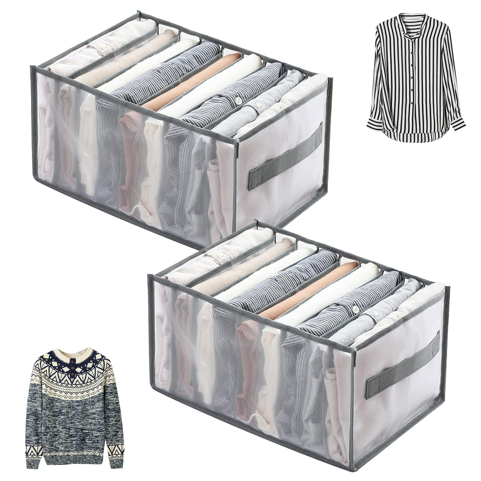 NIBESSER2 x Jeans Drawer Organiser with Handle and 9 Compartments 32 x 25 x 17 cm, Large Capacity Foldable Mesh Storage Box for Cupboard Dividers