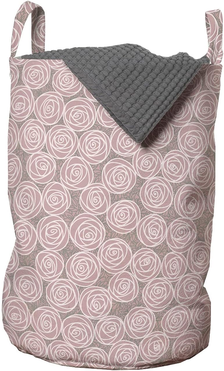 Lunarable Pink and Grey Laundry Bag, Romantic Lovers Rose Buds Valentines Day Orderly Repeated Artwork, Hamper Basket with Handles Drawstring Closure for Laundromats, 13" x 19", Lilac and Laurel Green