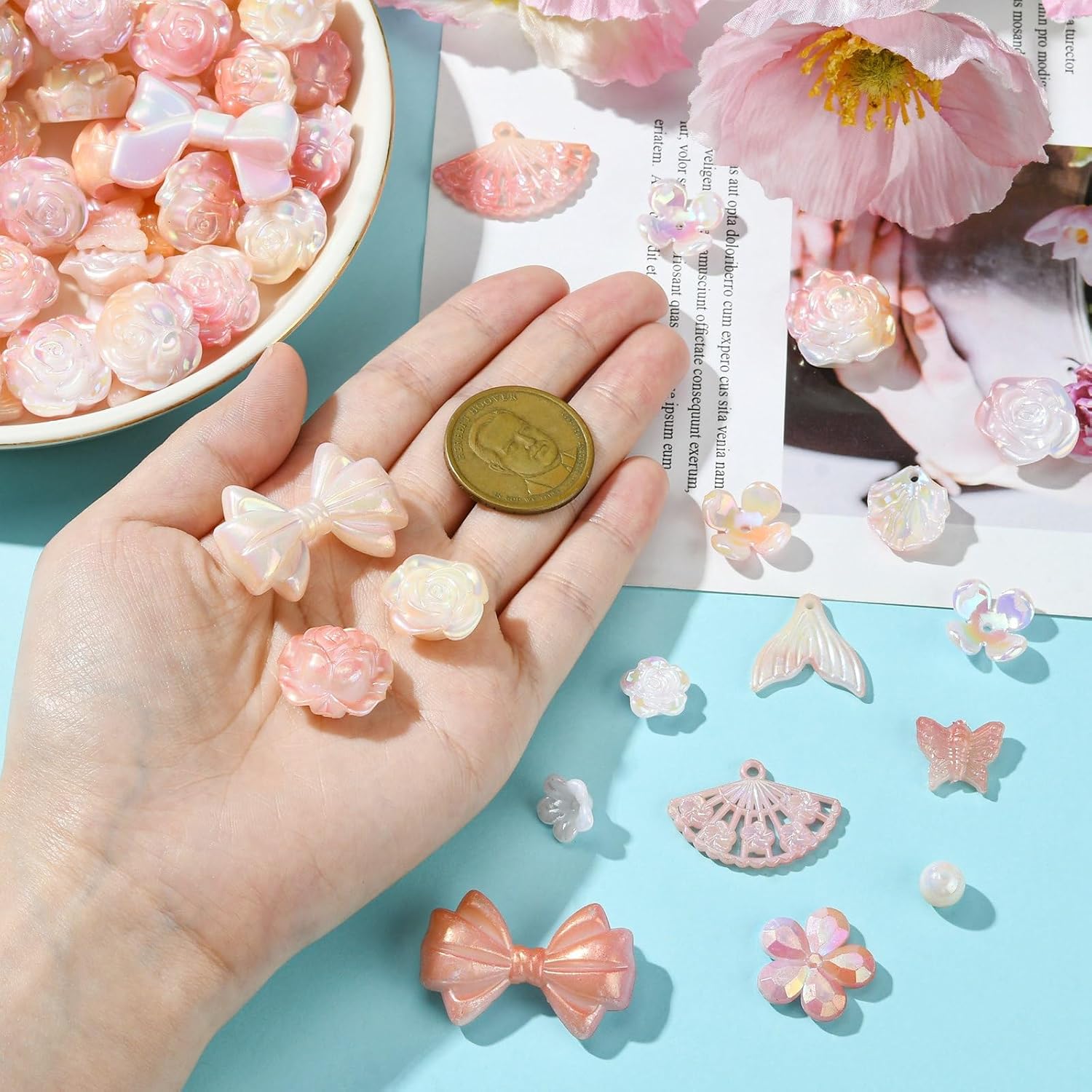 Ipotkitt 100 Pcs Pink Random Acrylic Assorted Bead Kits Spring Theme Flower Beads Plastic Butterfly Mermaid Tail Charms for DIY Lanyard Earring Jewelry Making - Image 3