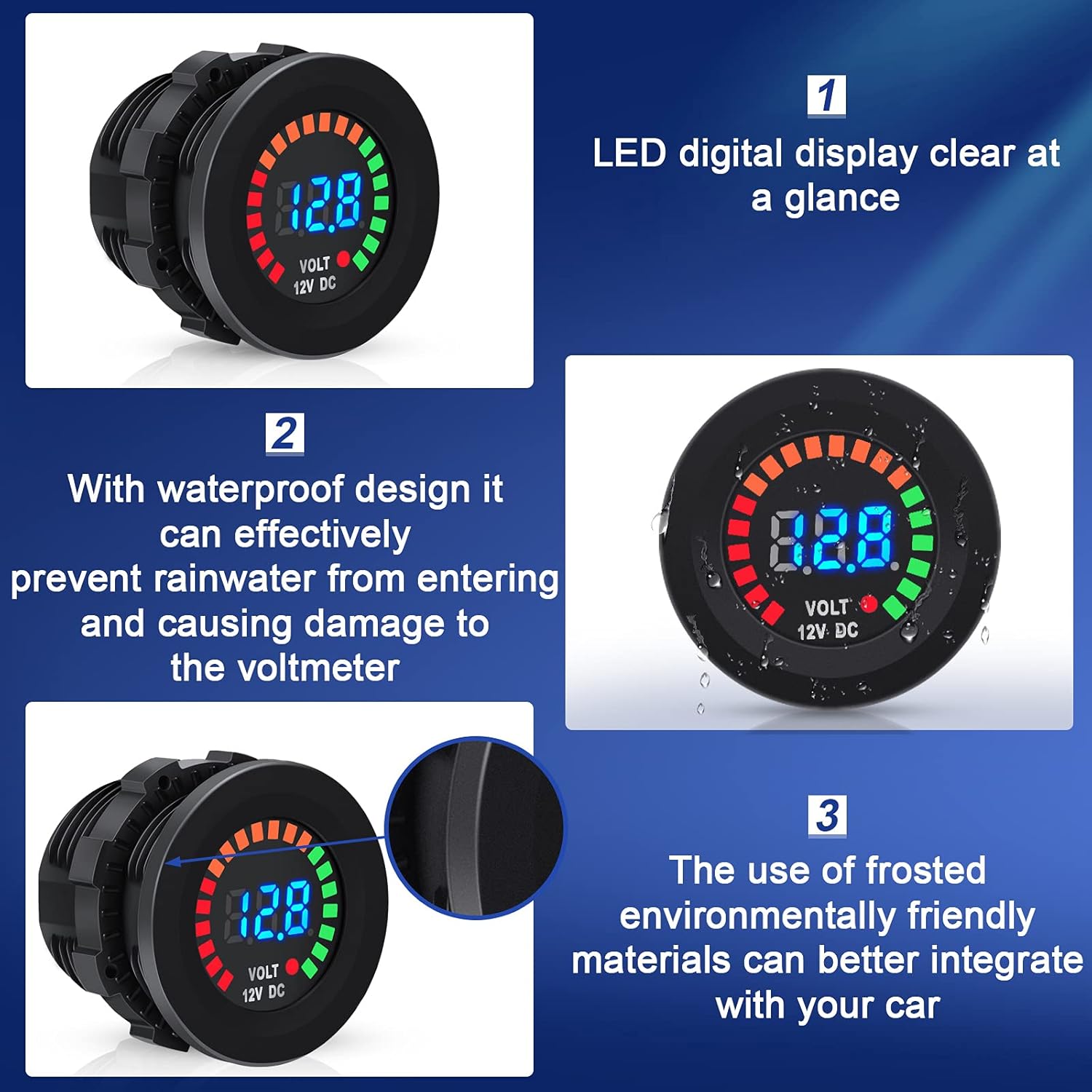 Frienda 2 Pieces DC 12 V Waterproof LED Digital Display Voltage Gauges Round Panel Car Voltmeters with Terminals Waterproof Voltmeter Battery Tester with Blue Light for Boat Marine Car Motorcycle : Automotive