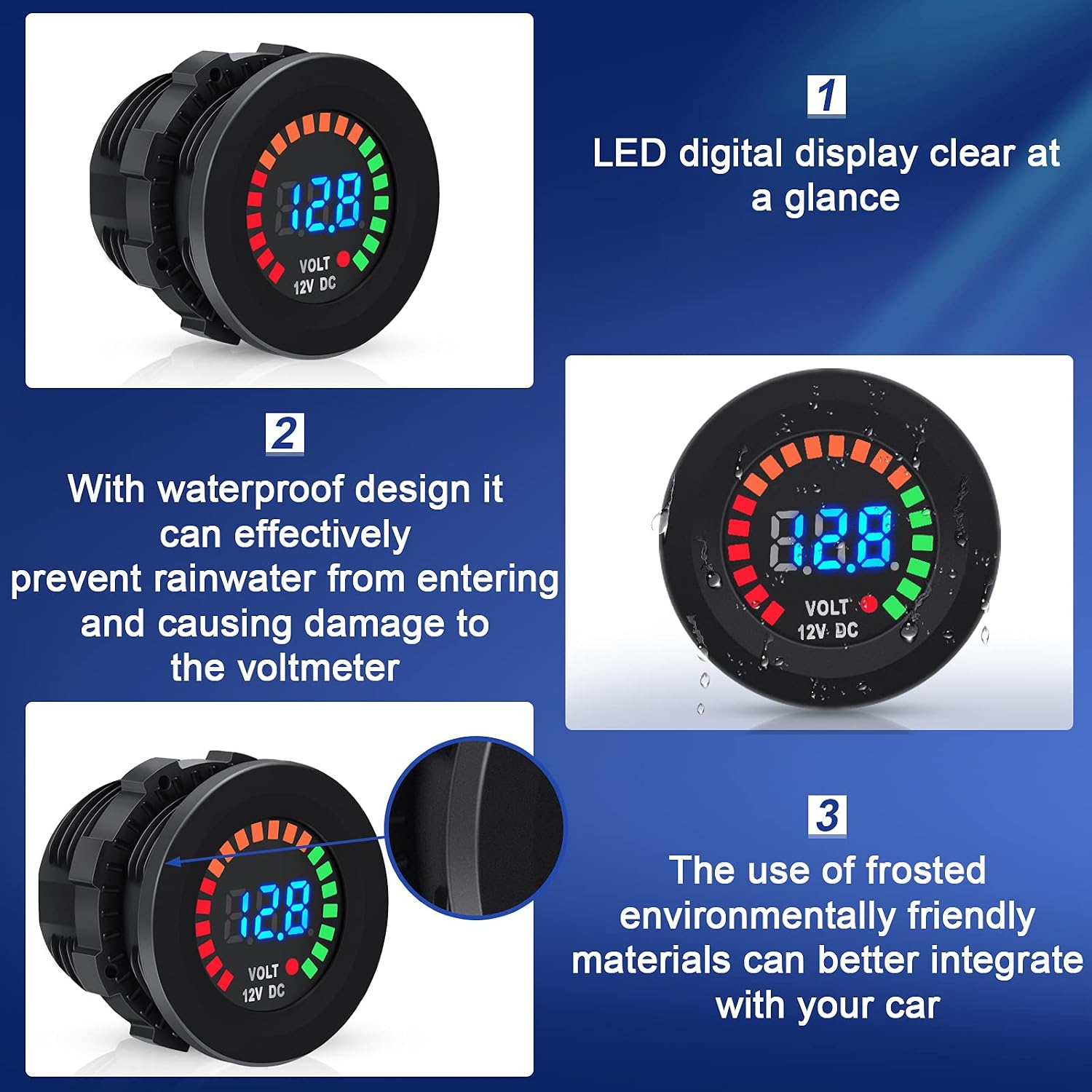 Frienda 2 Pcs Battery Voltage Meter Waterproof Dc 12v LED Voltmeter Battery Monitor with Terminals Universal Round Tester with Blue Light for Car Motorcycle Boat