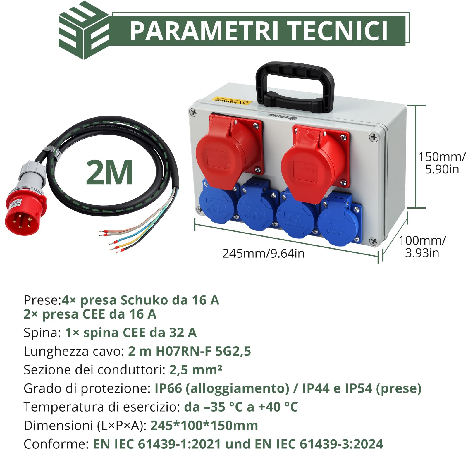 EYPINS Distributore di Corrente da Cantiere,Cavo 2M, 4 Schuko+2 CEE 16 A | Protezione FI/LS,Presa Schuko e CEE,Quadro Elettrico Esterno da Parete,Impermeabile IP66,per Giardino,Garage,Officina,Cortile